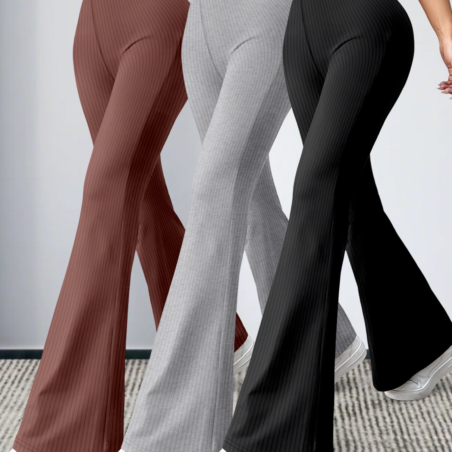 

3-pack K11 Women's High-waisted Stretchy Yoga Pants, Solid Color Polyester Knit Fabric, Casual Flare Leg Trousers For All