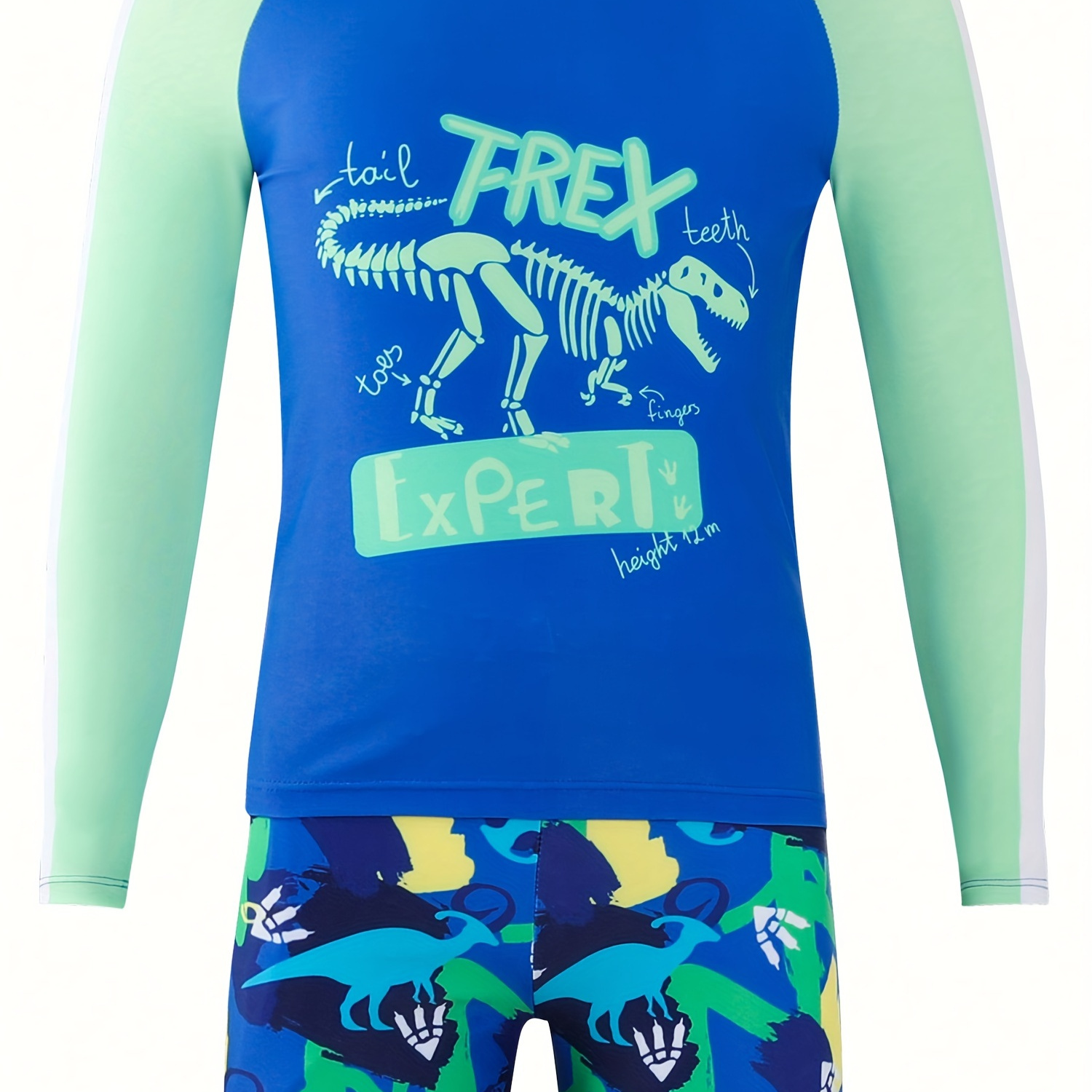 

2pcs, Letters Print Dinosaur Graphic Long Sleeve Crew Neck T-shirt + Shorts Set For Boys, Sun Protection Swimming Set Summer Gift