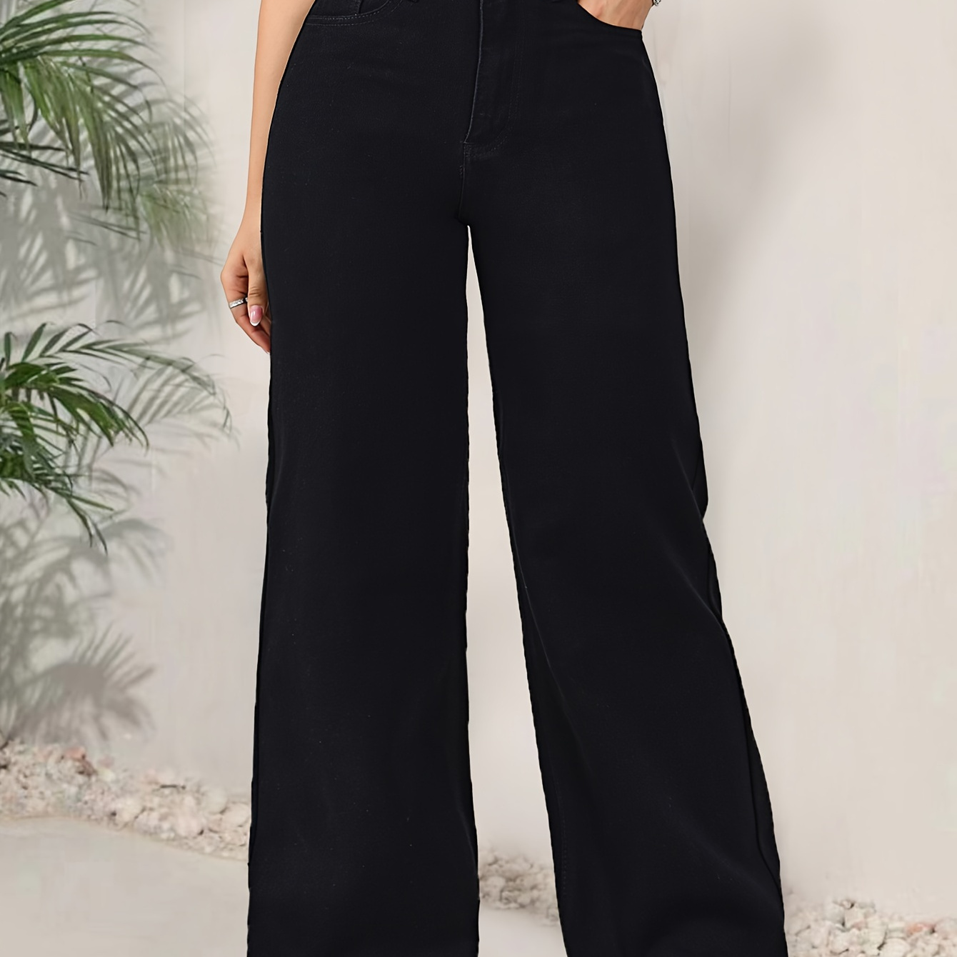 

Elegant Style Women's Black Color Plain Wide Leg Loose Fit Straight Jeans, Casual Fashion Versatile Denim Pants, High-waisted Design For Ladies