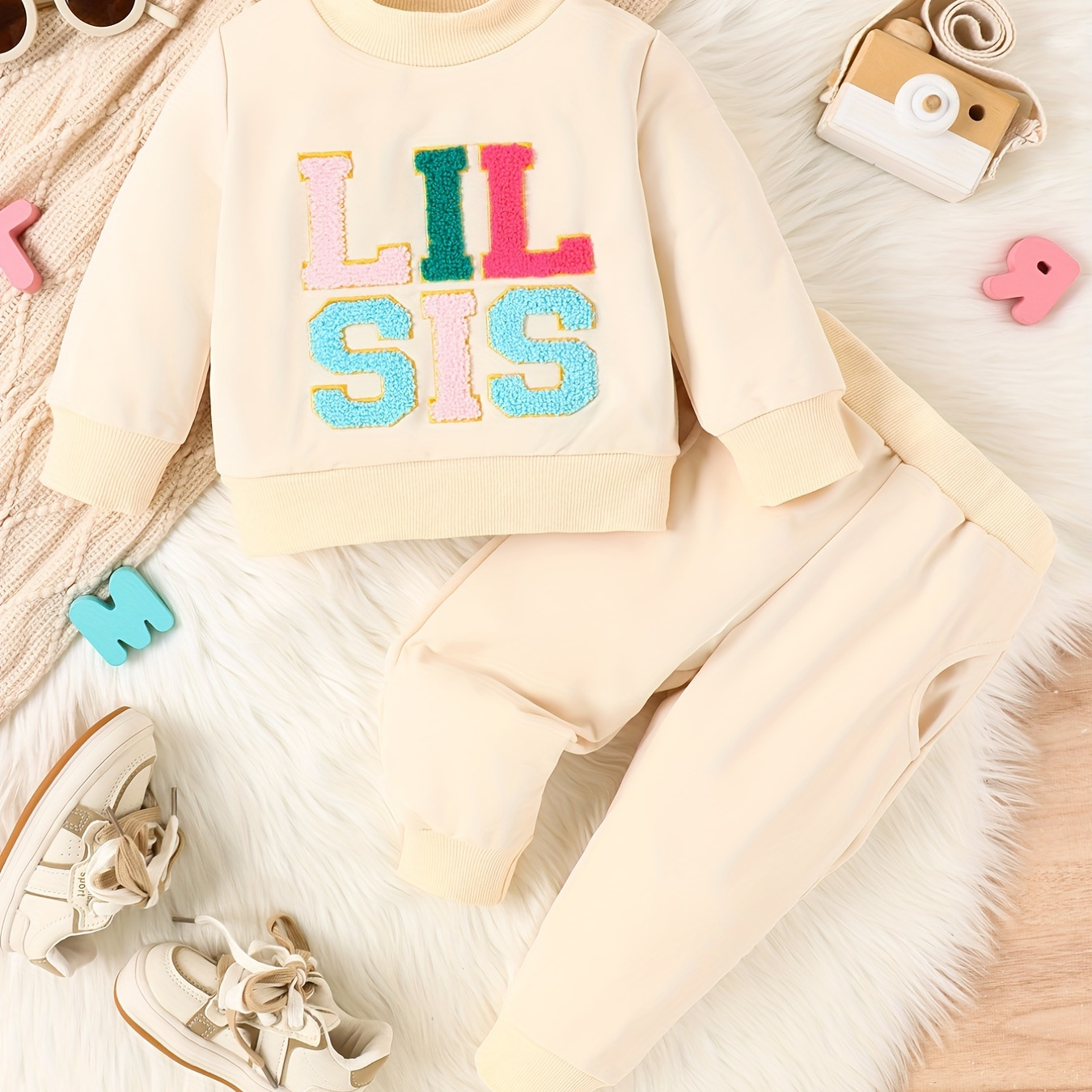 

Toddler Baby Girl's Cute Embroidered Letter Sweatshirt Set, Long Sleeve Top Pants, Kids Clothes Autumn And Winter
