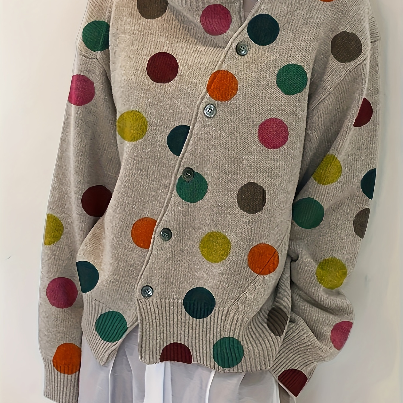 

Plus Size Polka Dot Pattern Knitted Sweater, Casual Button Long Sleeve Pullover Sweater For Fall & Winter, Women's Plus Size Clothing