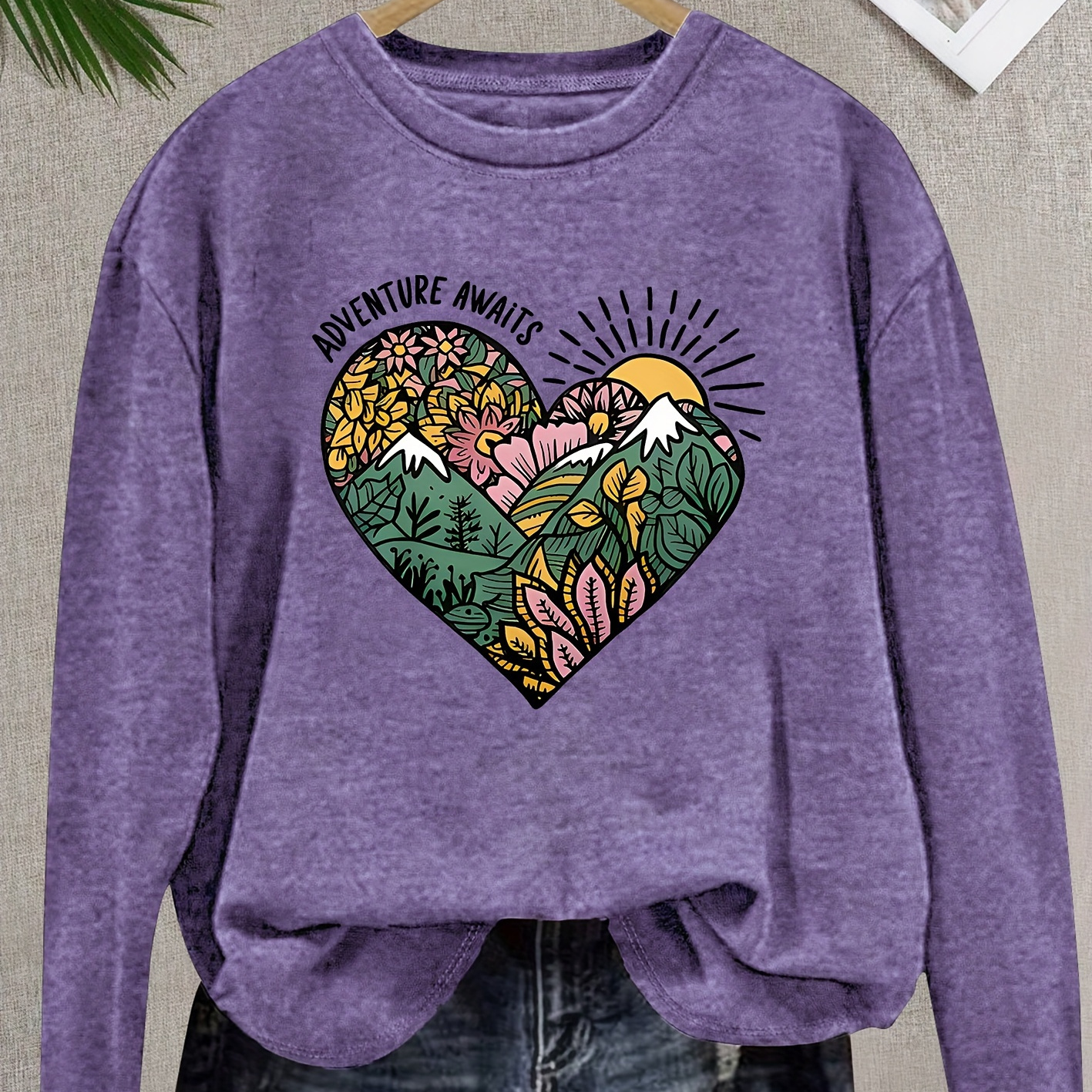 

Women'-inspired Floral & Sun Heart Long Sleeve T-shirt - Stretchy, Machine Washable, Spring/fall