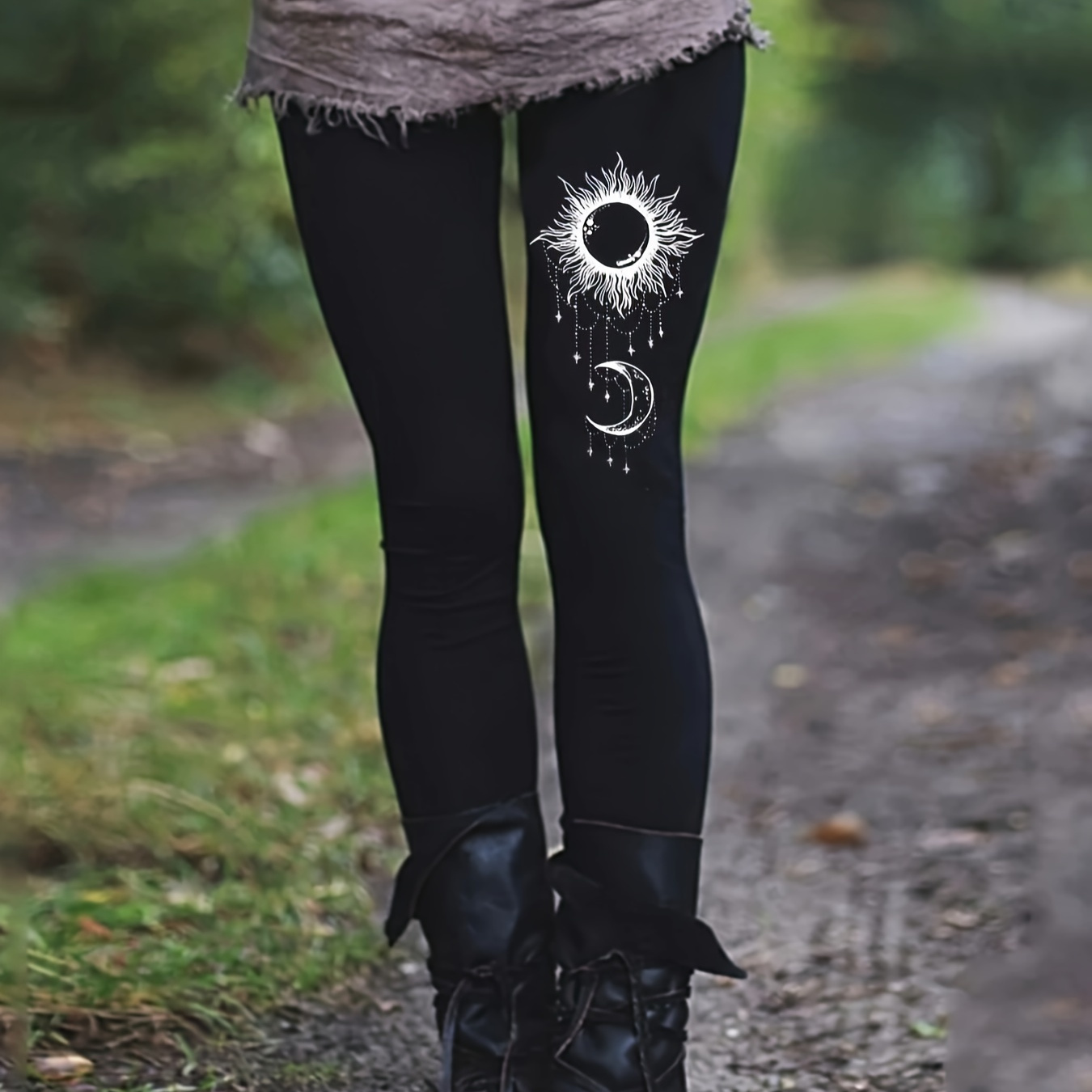 

Moon Print Leggings, High Waist Skinny Casual Leggings, Women's Clothing