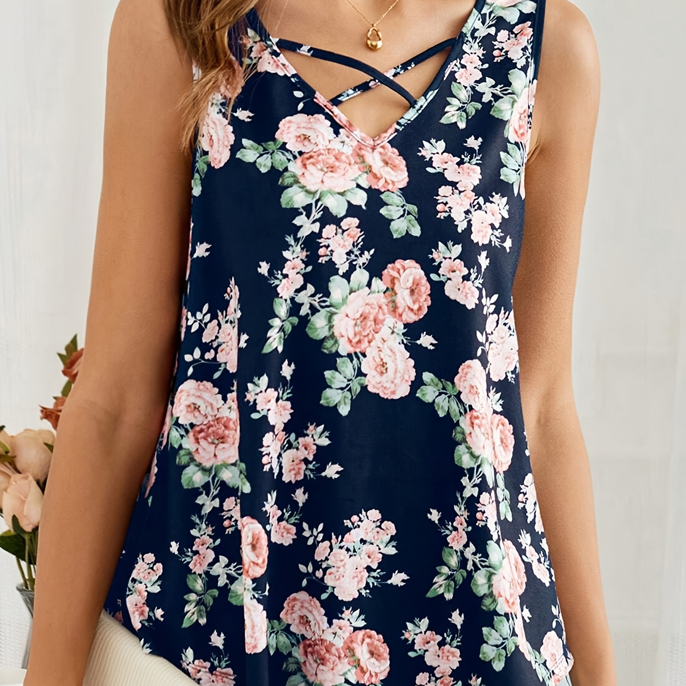 

Floral Print V Neck Tank Top, Casual Cross Front Sleeveless Tank Top For Spring & Summer, Women's Clothing