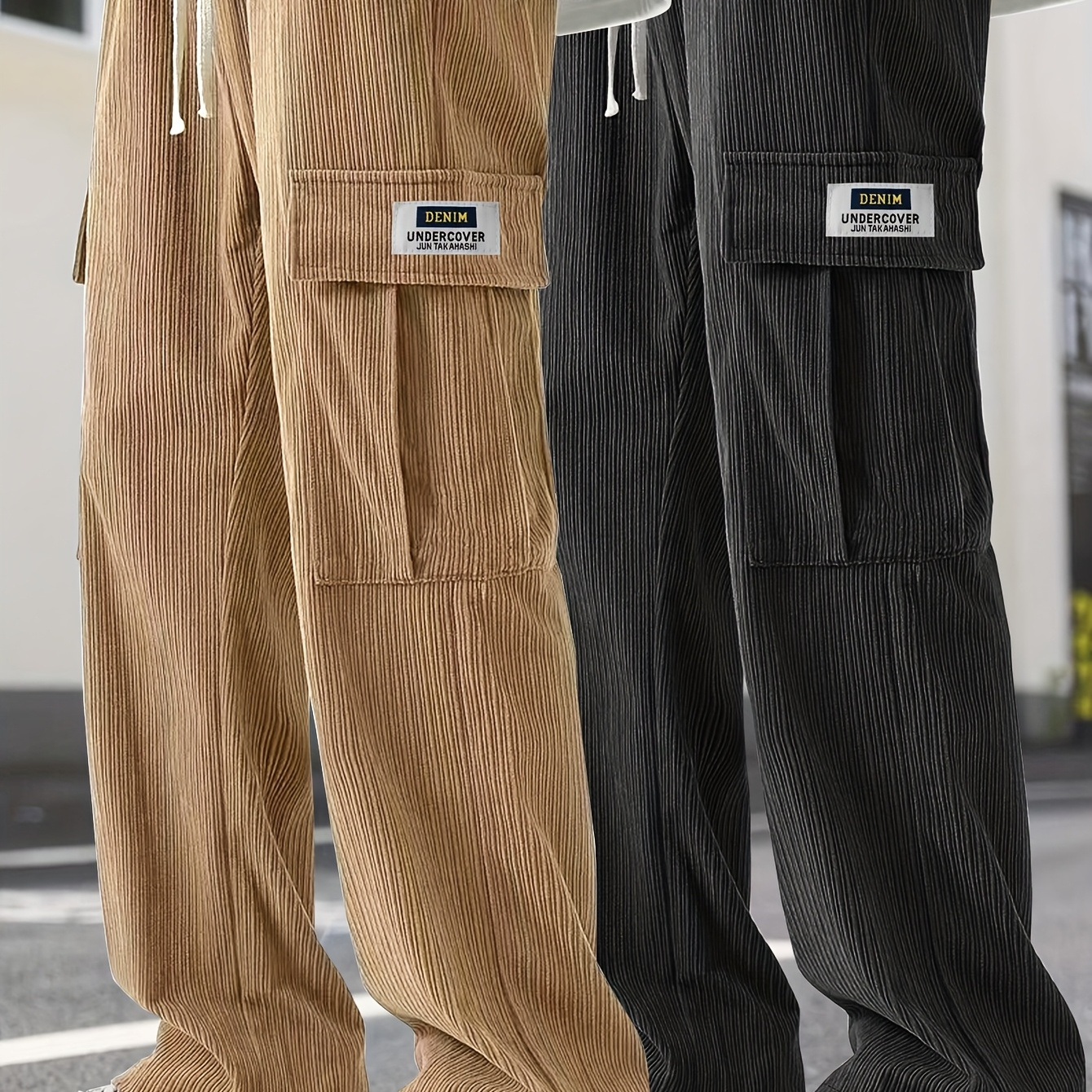 Drawstring Waist Mens Trousers Cord Cargo Trousers Wide Leg
