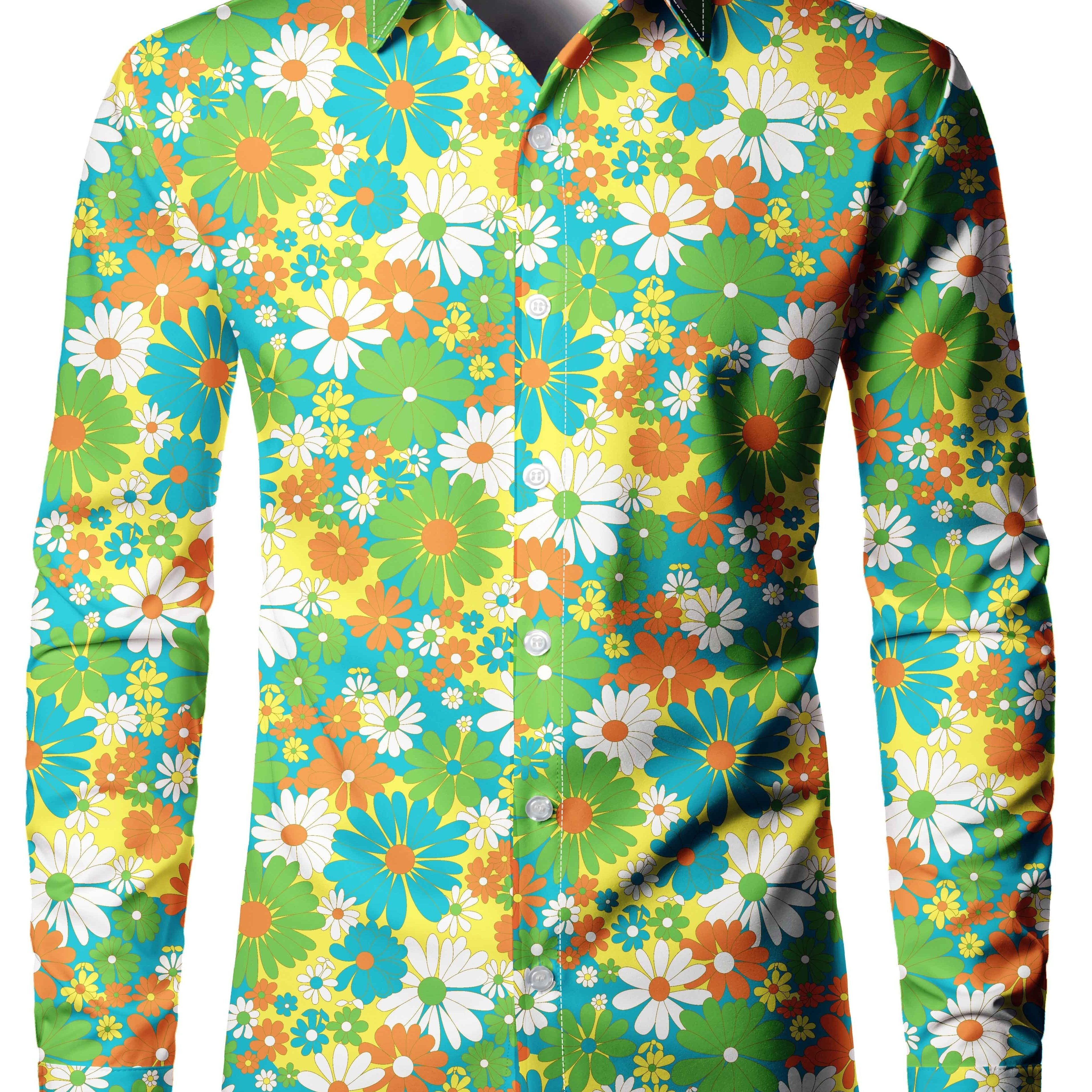 

Fashionable And Simple Men's Long Sleeve Flower Print Casual Lapel Simple Shirt, Trendy And Versatile, Suitable For Dates