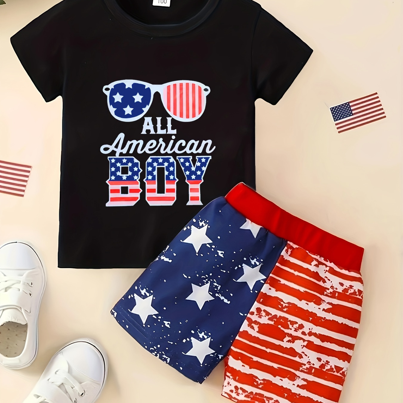 

Boys 2pcs "all American Boy" Print Round Neck T-shirt & Shorts Kids Summer Clothes Set