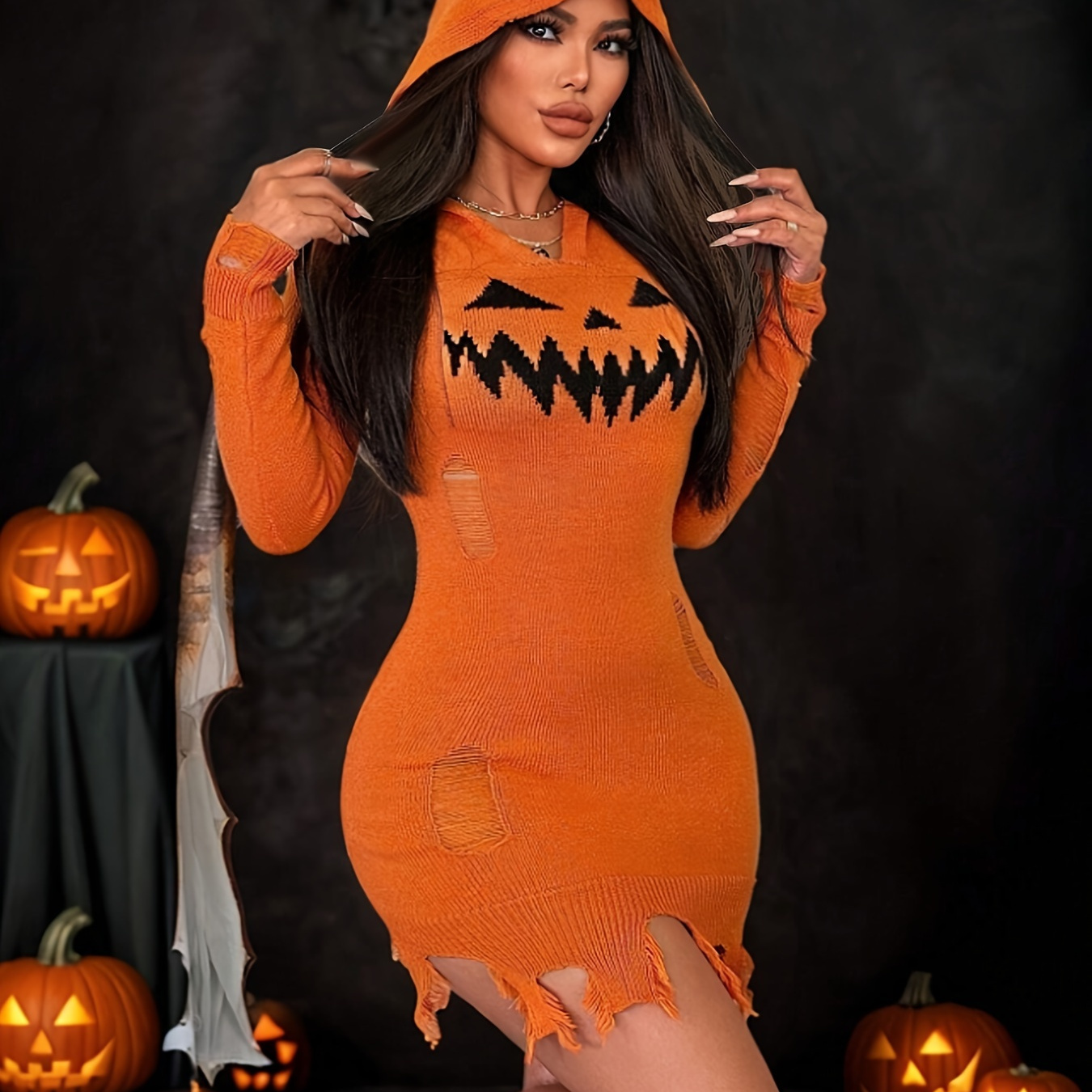 

Pumpkin Print Hoodie Dress, Casual Long Sleeve Bodycon Raw Hem Ripped Dress For Fall & Winter, Women's Clothing