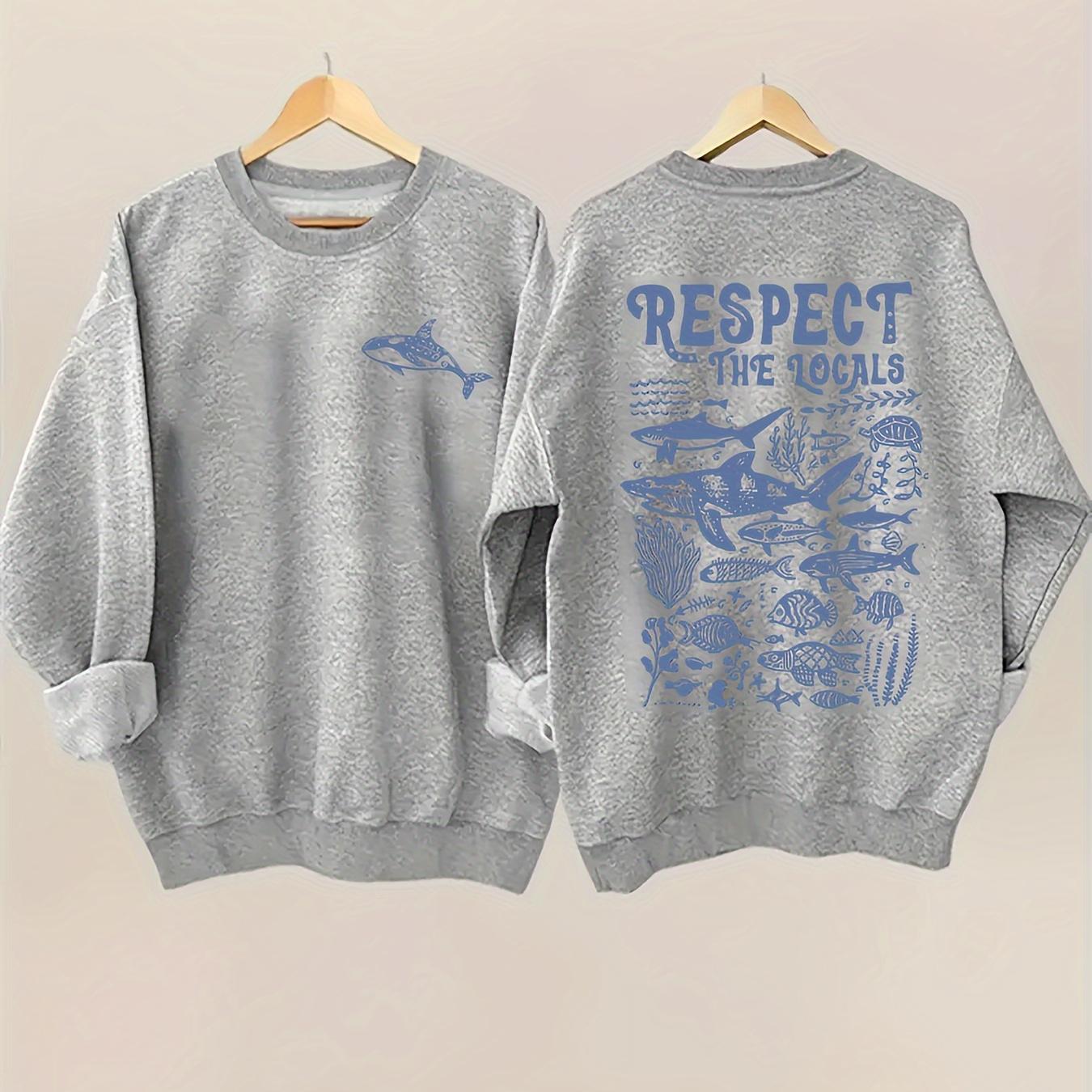 

Women's Casual Crew Neck Sweatshirt With Dolphin Print - Long Sleeve, Soft Polyester , Machine Washable - Fall & Winter