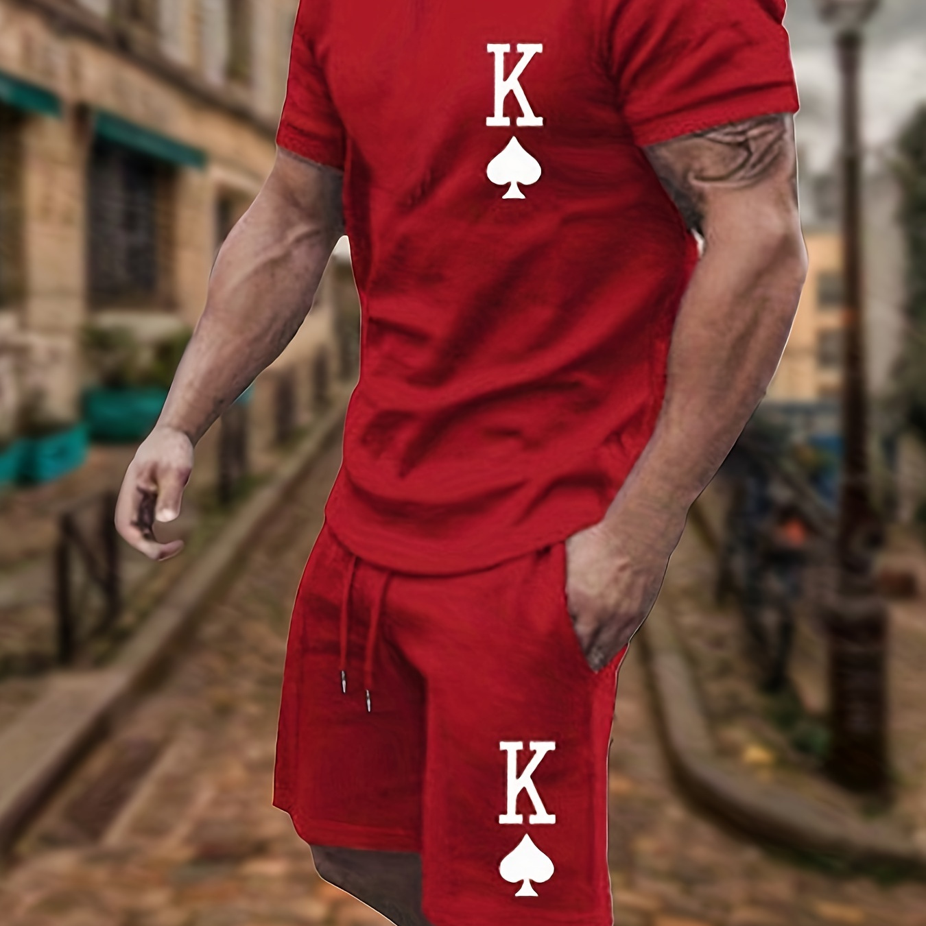 

King Of Spades Pattern Print, 2pcs Outfits For Men, Casual Crew Neck Short Sleeve T-shirt And Drawstring Shorts Set For Summer, Men's Clothing Loungewear Vacation Workout