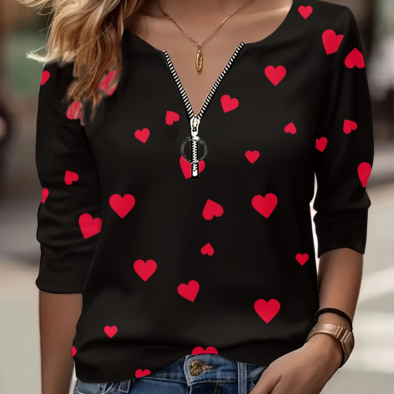 

Women's Casual V-neck Long Sleeve Zipper Half, Polyester And Spandex, Heart Print, Regular Length, Knit Fabric 180g/m², For Spring, Autumn And All