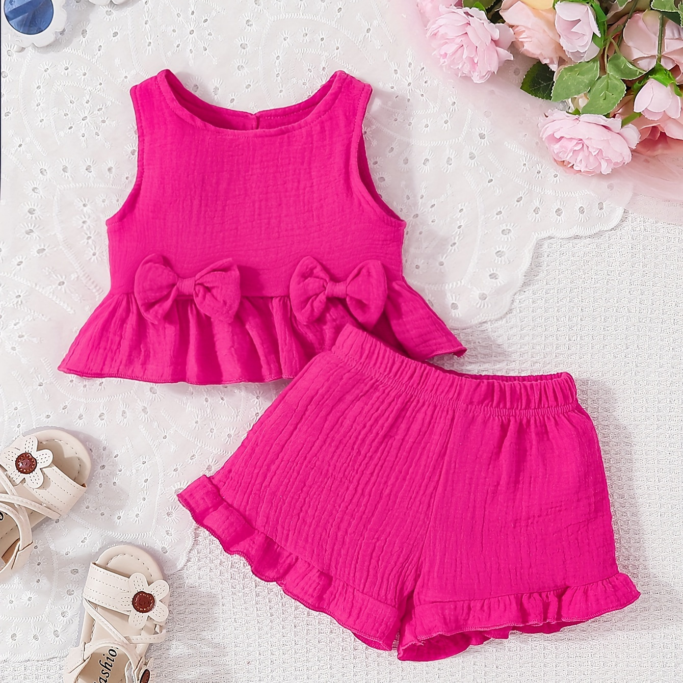 

Baby Girls Kids 2pcs Muslin Double-layer Quilt Rose Red Sweet And Cute Clothing Set Summer