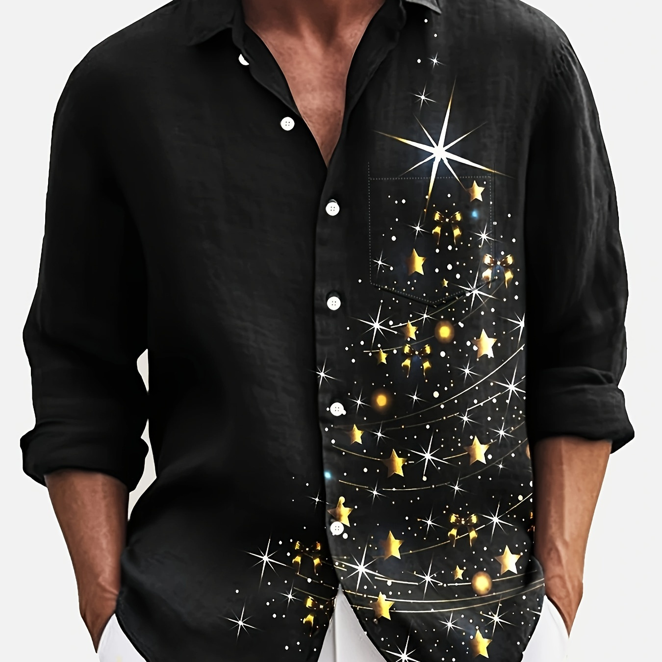 

Men' Long Sleeves Shirt, Trendy Stars Christmas Tree Print, Cool All Fashion