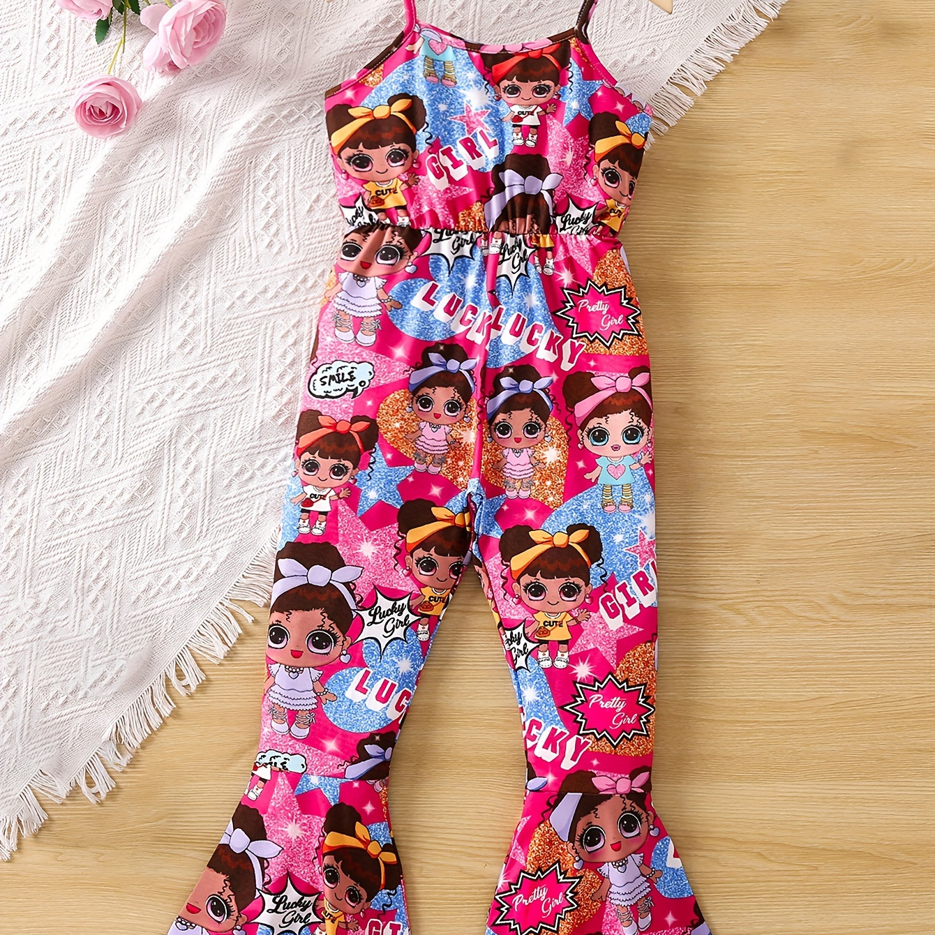 

Cartoon Girl Graphic Cami Jumpsuit Girl's Cute Romper Summer Party Gift Holiday