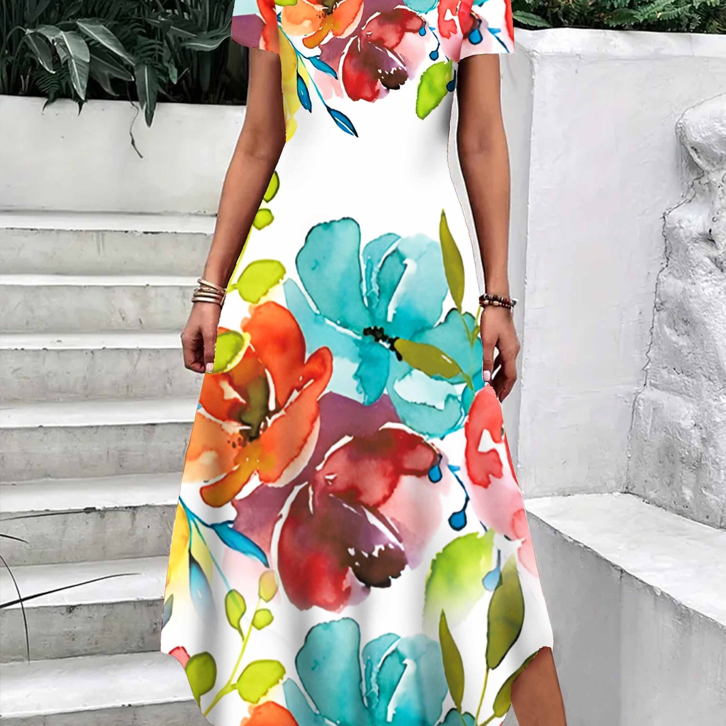 

Robe Maxi Élégante à Imprimé Floral pour Femme - Décontractée à Manches Courtes, Col Rond avec Ourlet Asymétrique, Polyester Haute Élasticité