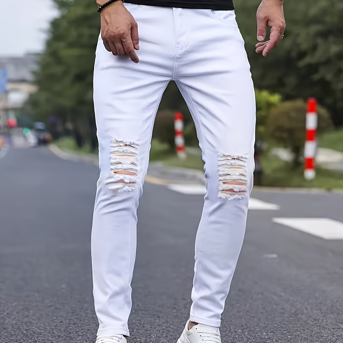 

Men's Solid Cotton Blend Ripped Distressed Jeans, Chic Street Style Slim Fit Bottoms For Men, All Seasons