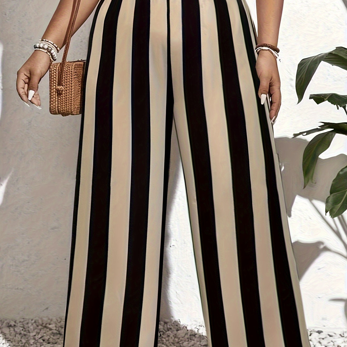 

1pc Size Women's Striped Polyester Pants With Waistband, Fashionable Straight-leg Design, Wear