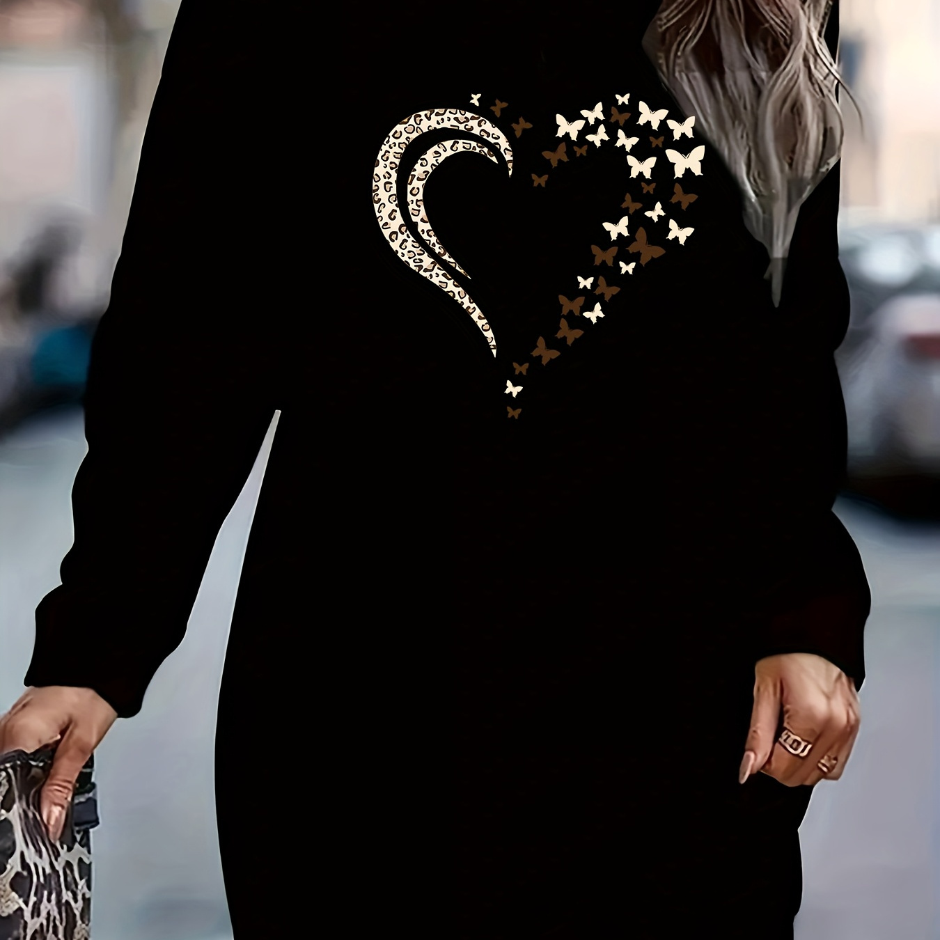 

Women's Casual Crew Neck Leopard Heart Print Sweatshirt Dress, Polyester Knit Fabric, Long Sleeve Pullover For All