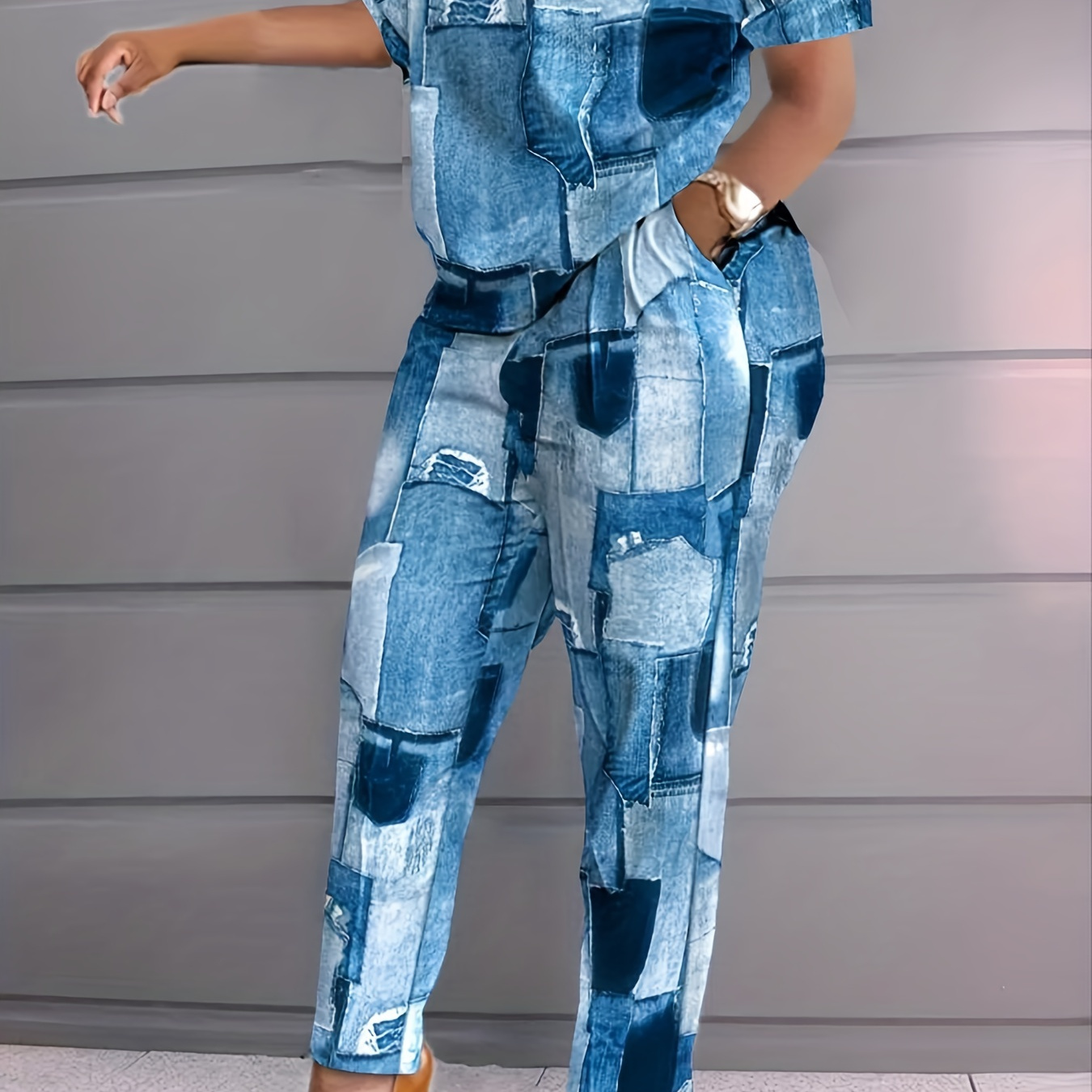 

Patchwork Casual Denim Print Two-piece Set, Short Sleeve T-shirt & Pocket High Waist Pants Outfits, Women's Clothing