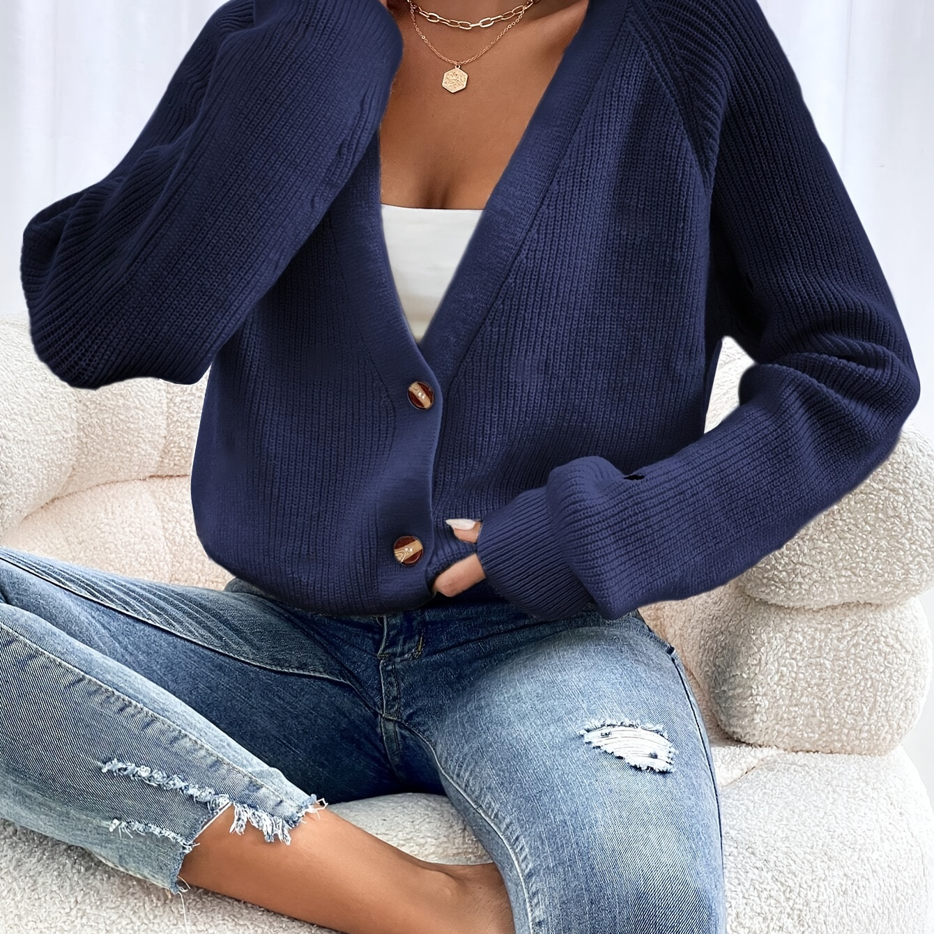 

Elegant Solid Color Cardigan Sweater – 100% Polyester V-neck Knitted Outerwear With Button Closure For Women – Cozy Fall/winter Fashion