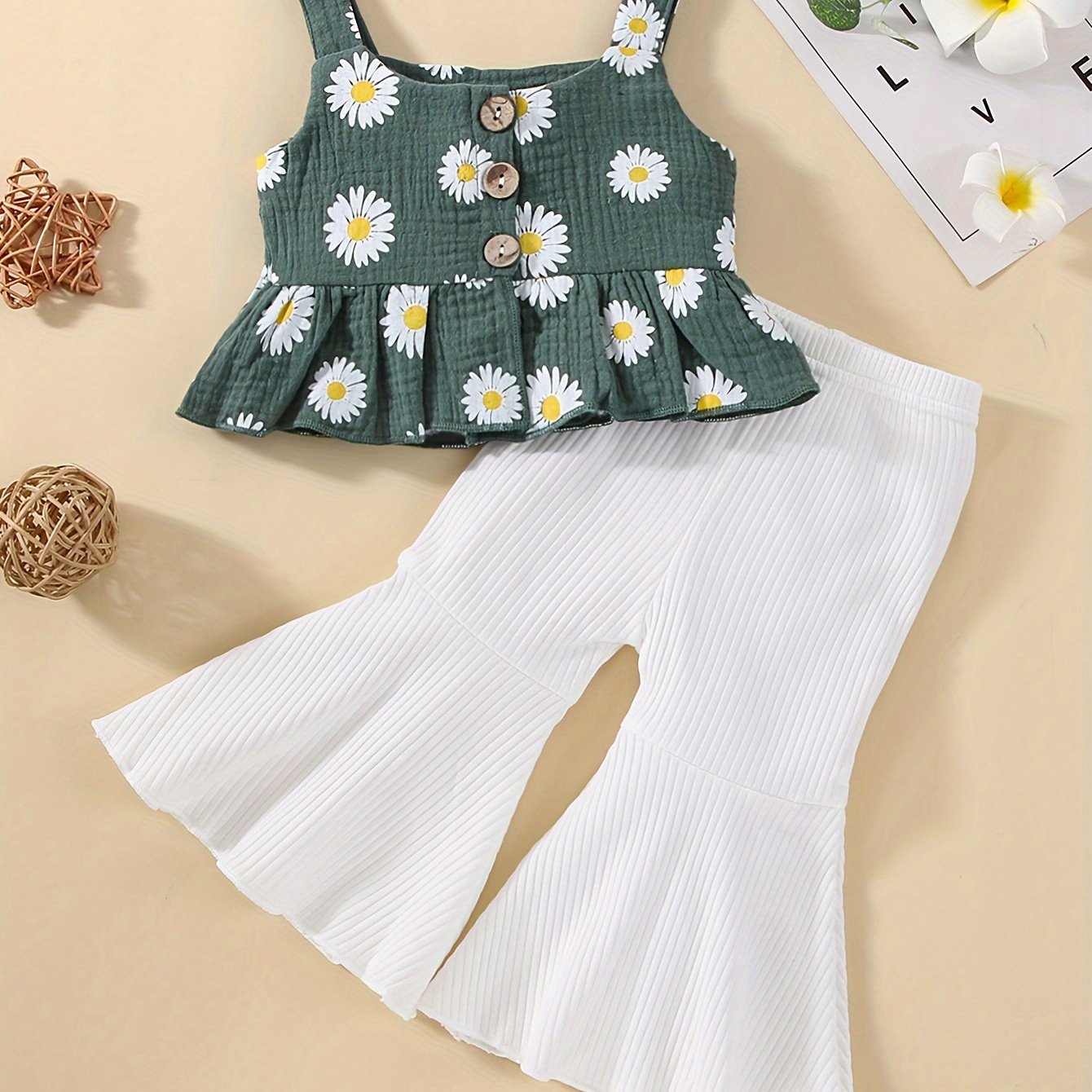 

2pcs Baby Girls Spring Summer Sleeveless Puff Cotton Muslin Chrysanthemum Print Suspender Short Dress + Solid Color Pit Strip Flared Trousers Set