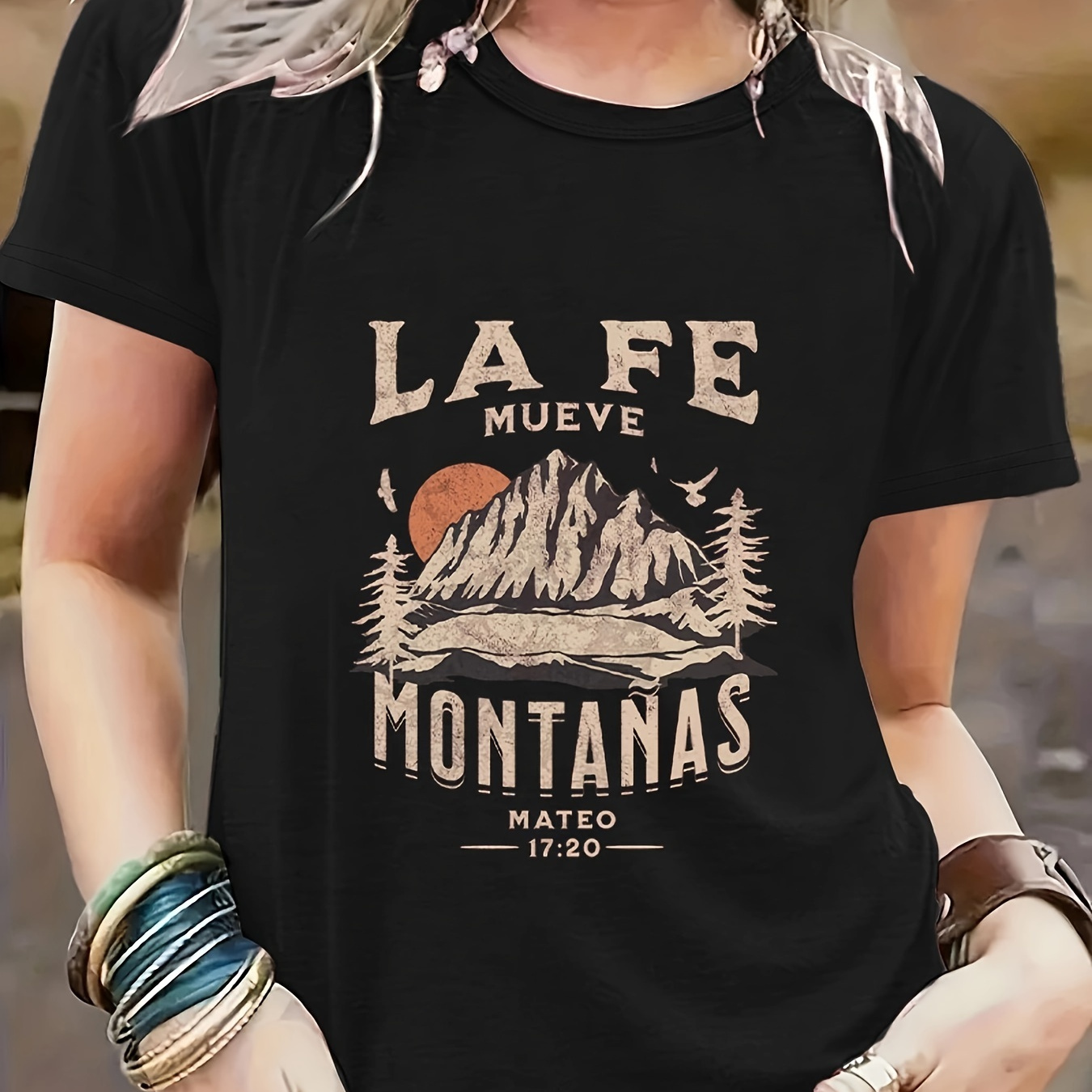 

Mountain & Letter Print Crew Neck T-shirt, Casual Short Sleeve T-shirt For Spring & Summer, Women's Clothing