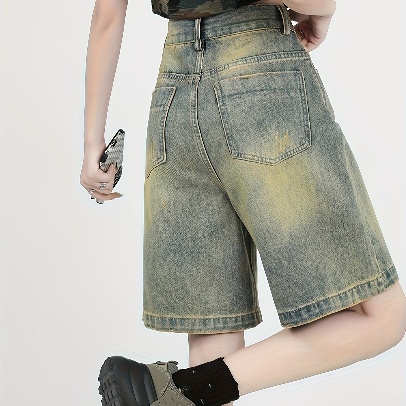 

Retro Washed Loose Fit Denim Jorts, Slash Pocket High Rise Denim Shorts, Women's Denim Jeans & Clothing