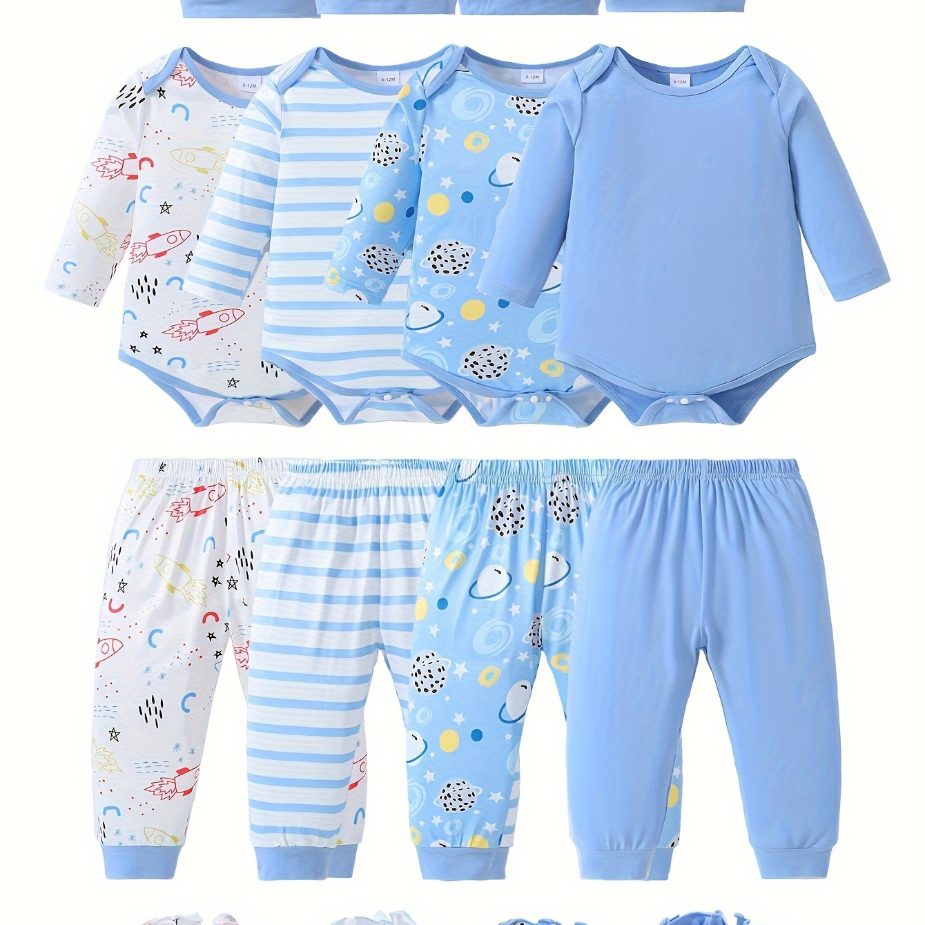 

4sets/pack, Baby Boys Casual Solid Color & Spaceship & Striped Assorted Print Long Sleeve Romper + Pants + Hat + Gloves Set