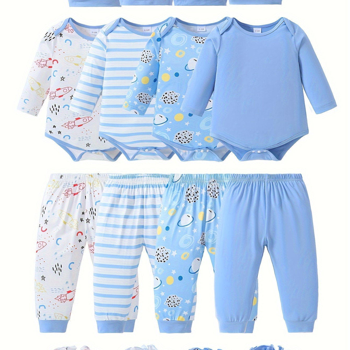 

4 Ensembles/pack, Ensemble De Combinaison À Manches Longues Imprimé Uni, Fusée Et Rayé Pour Bébé Garçon + Pantalon + Chapeau + Gants Assortis