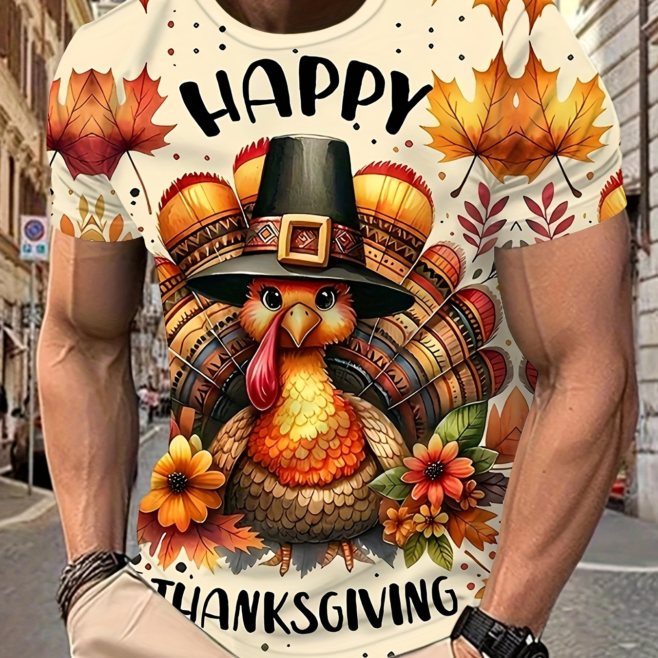 

Stylish Men's 3d Turkey Graphic Tee - Casual Round Neck, Polyester , Machine Washable - Summer