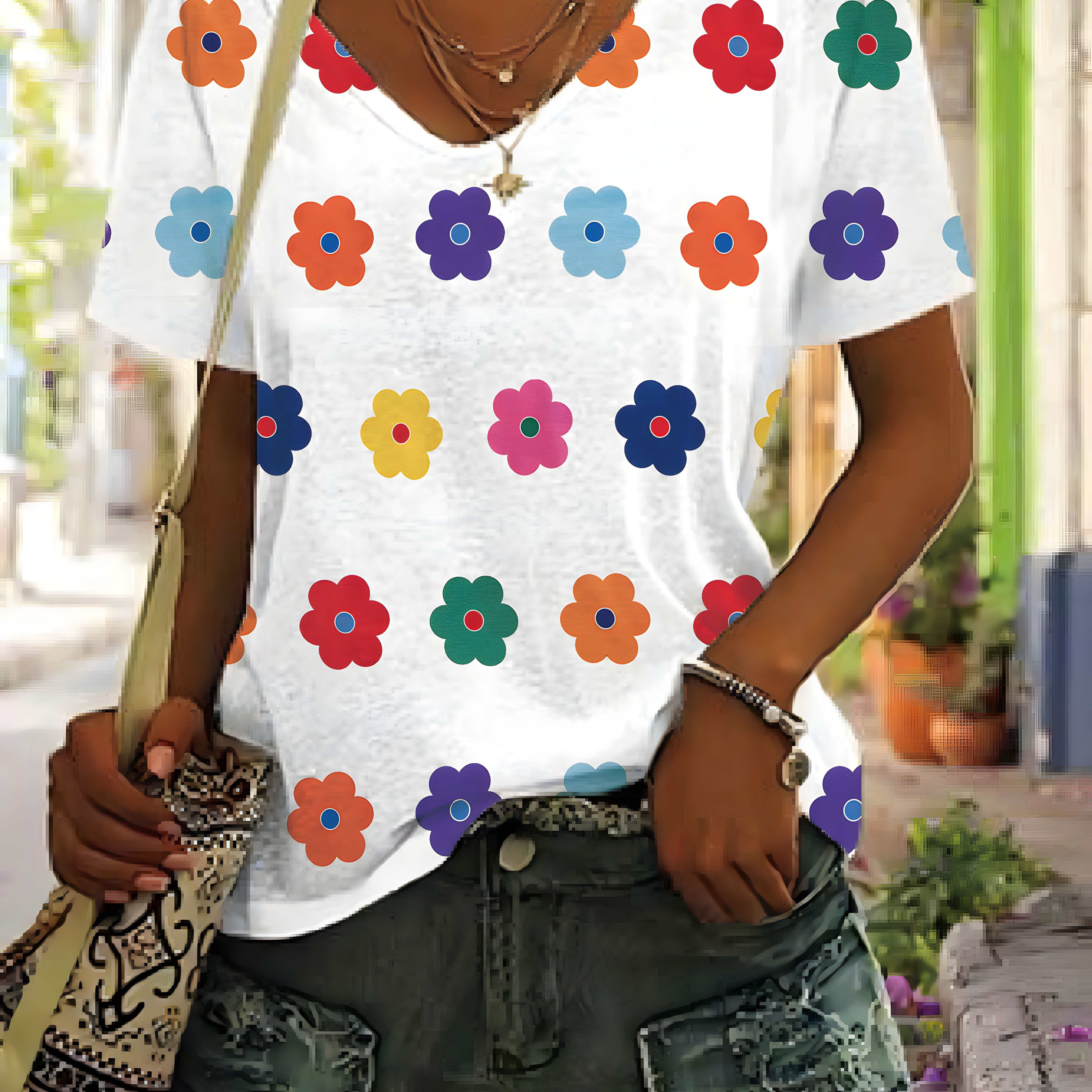 

Floral Print T-shirt, Short Sleeve V Neck Casual Top For Summer & Spring, Women's Clothing