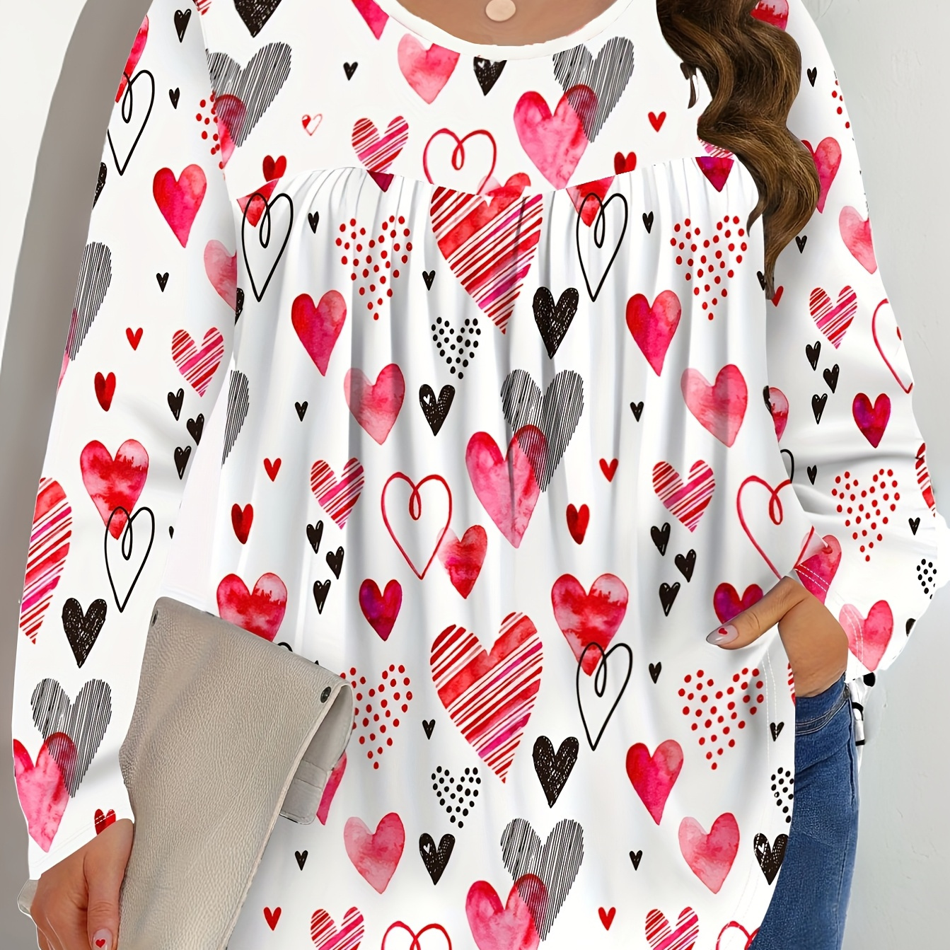 

Valentine's Day Women's Casual 3d Round Neck Pleated Chest Heart Print Plus Size Long Sleeve T-shirt