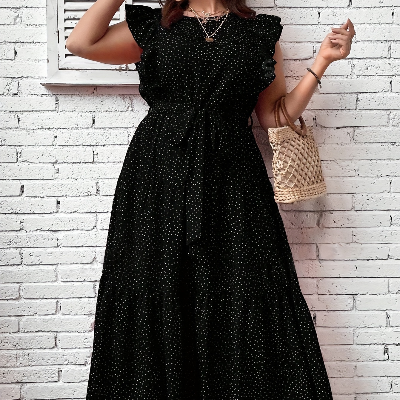 

Plus Size Pin Dot Print Belted Dress, Casual Ruffle Sleeve Dress For Spring & Summer, Women's Plus Size Clothing