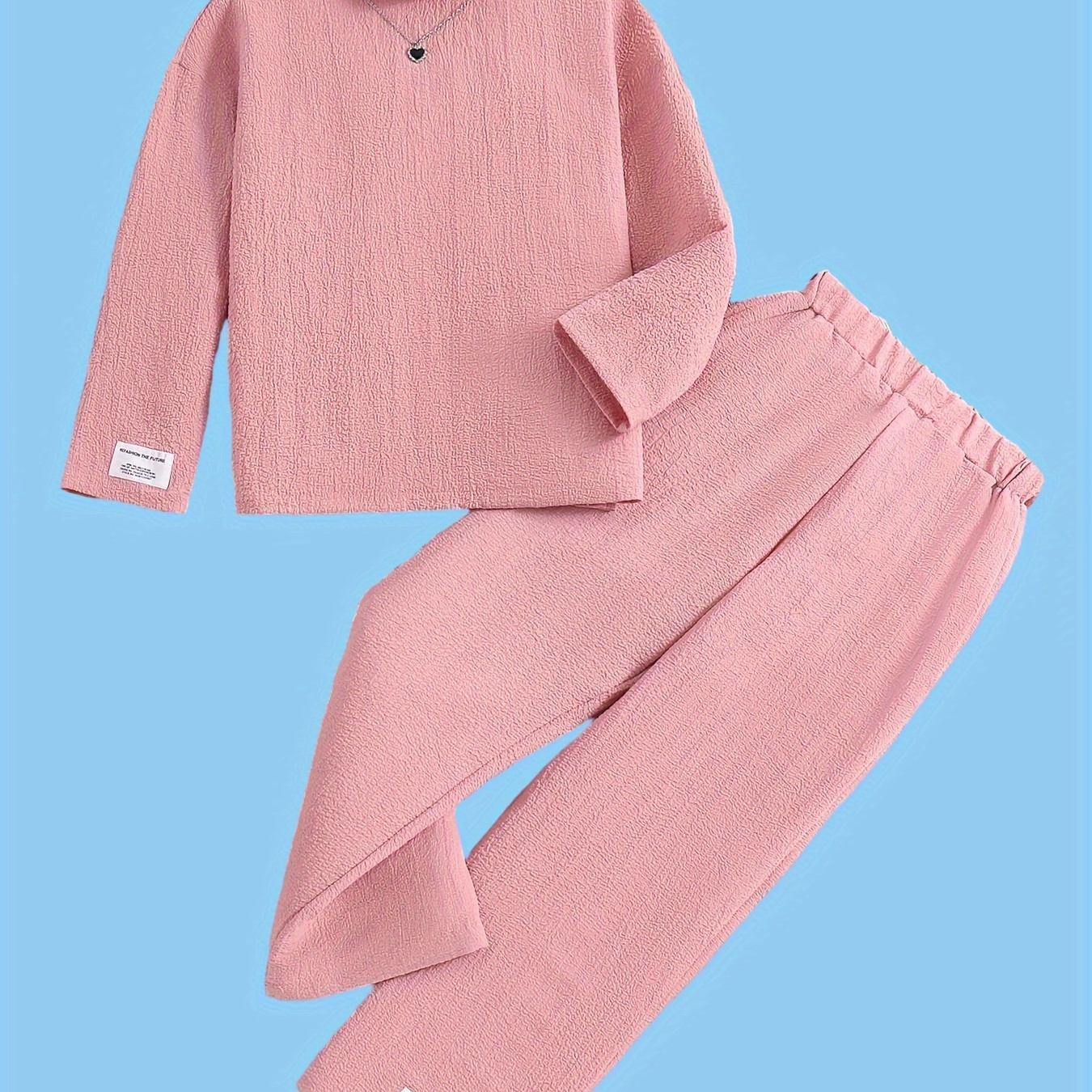 

Girls 2pcs Solid Mock Neck Top & Elastic Waist Wide Leg Pants Set Lightweight Loose Fit Set For Gift, Sports, Spring/ Fall