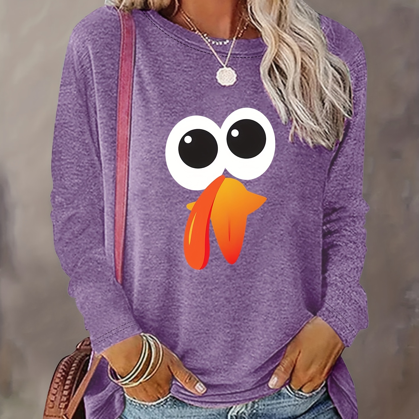 

Vintage Turkey Print Long Sleeve Crew Neck T-shirt - Cotton Knit Fabric With Medium Stretch, Polyester-cotton For Women, Ideal For Spring/summer/fall