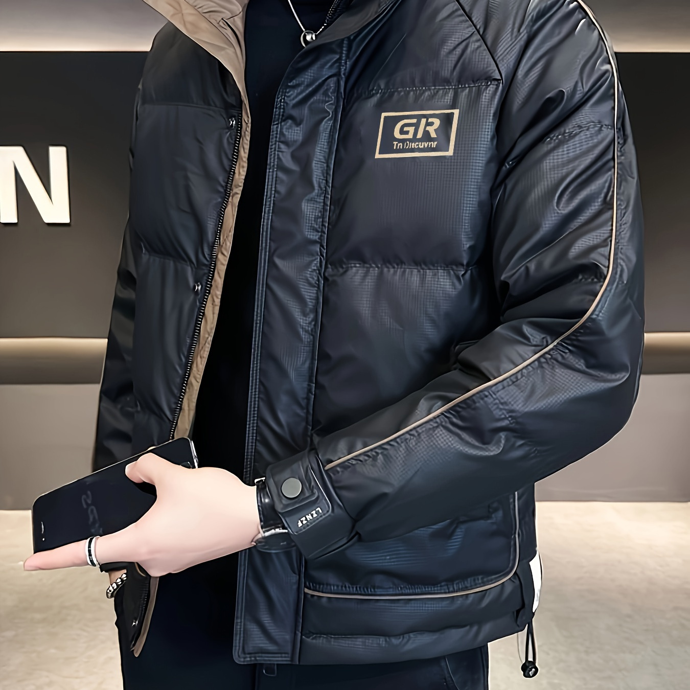 

Men' Black And Brown Jacket With Stand Collar - Casual Winter Coat With Zipper Pockets, Polyester Filling, Casual Winter Wear|stylish Winter Jacket|zippered Jacket, Thick