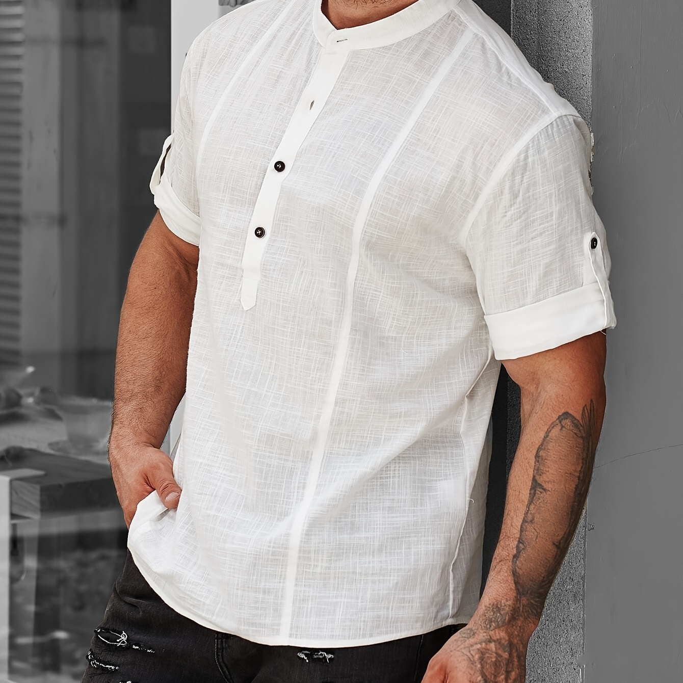 

Casual Comfy Cotton Men's Short Sleeve Shirt With Stand Collar For Summer Holiday