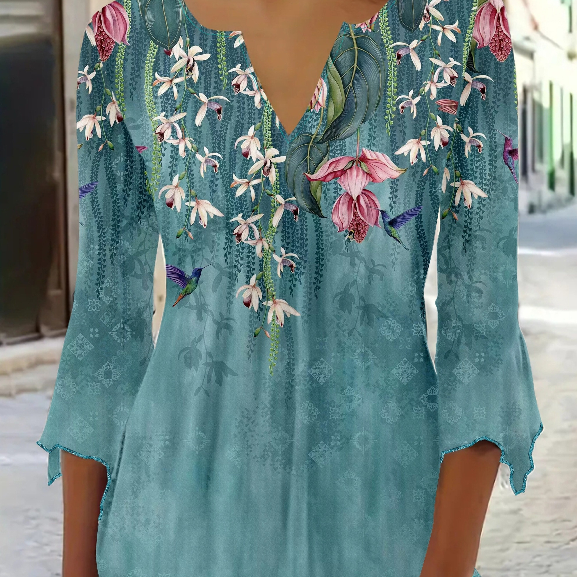 

Floral Print Notched Neck T-shirt, Elegant Flared Sleeve Loose T-shirt, Women's Clothing