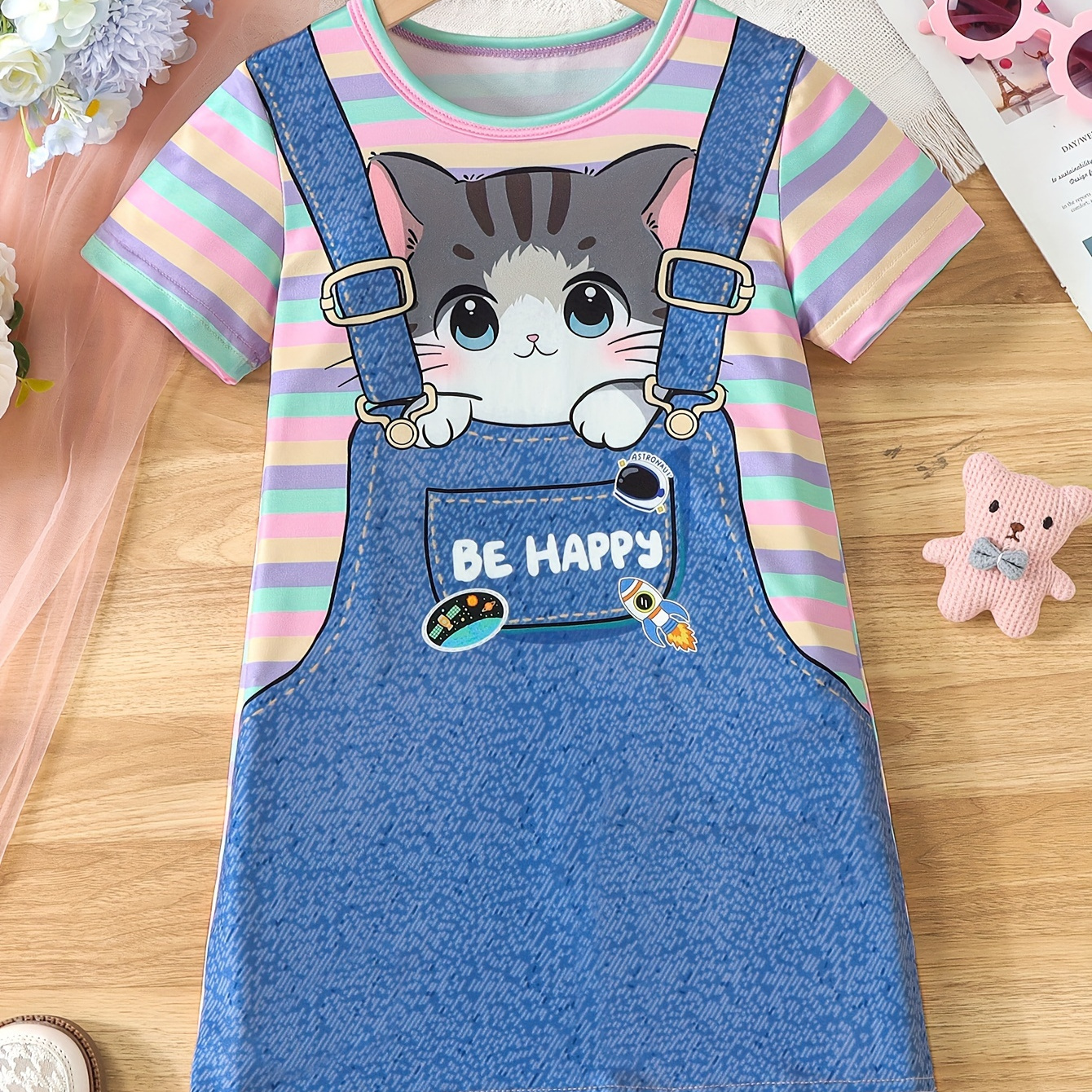 

Girls Cute Suspender Cat Print Striped T-shirt Dress Casual Short Sleeve Going Out Holiday Dress