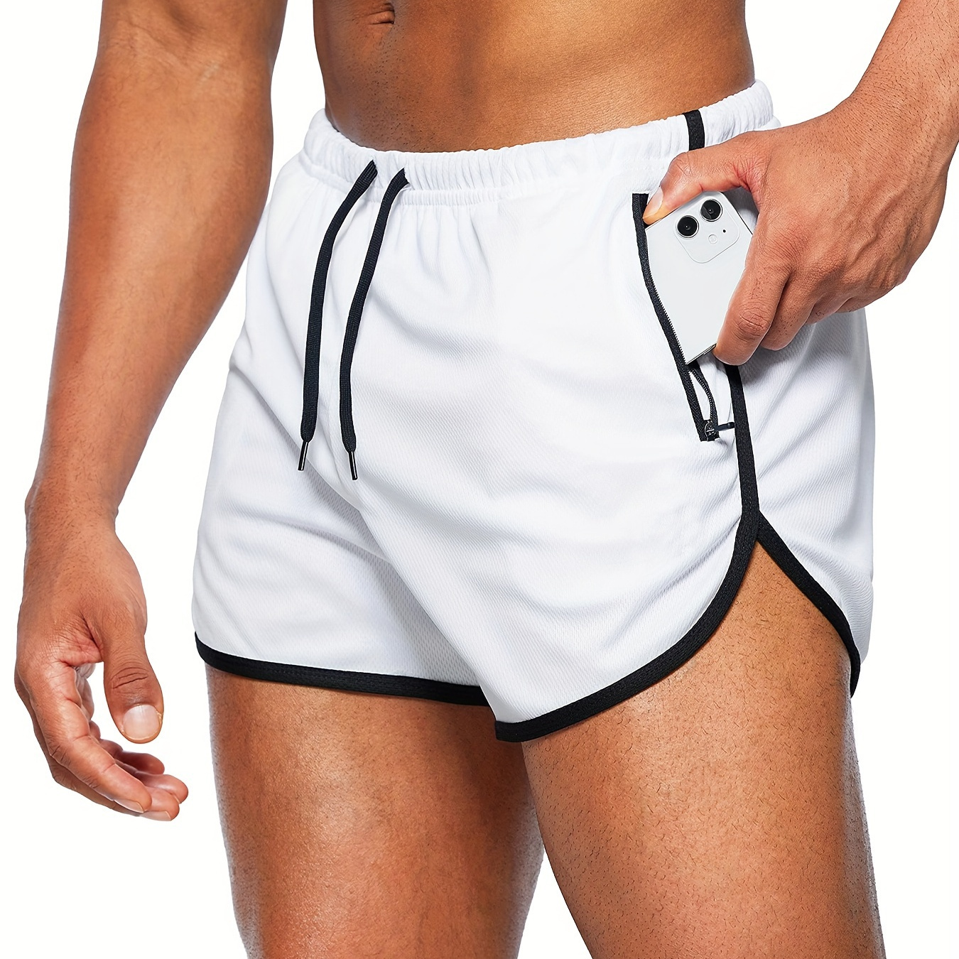 

Men's Running Shorts, Casual Color Block Men's Quick Dry Gym Athletic Jogging Shorts With Zipper Pockets