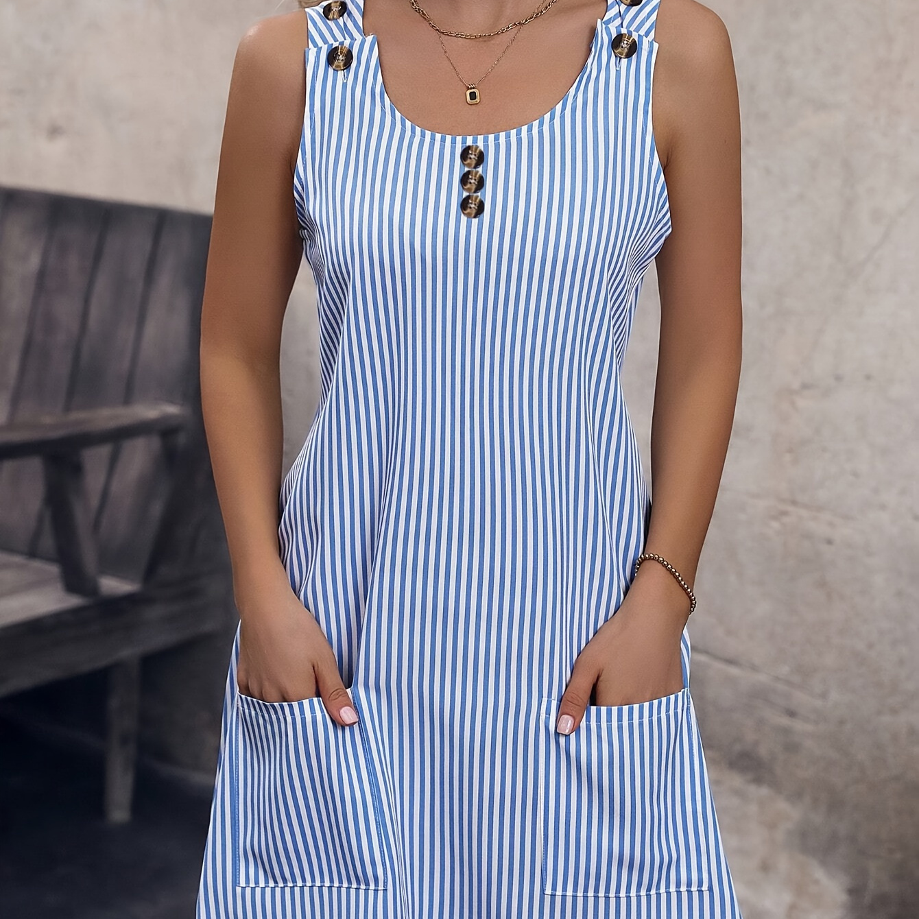 

Striped Print Button Decor Dress, Casual Crew Neck Sleeveless Pockets Dress For Spring & Summer, Women's Clothing