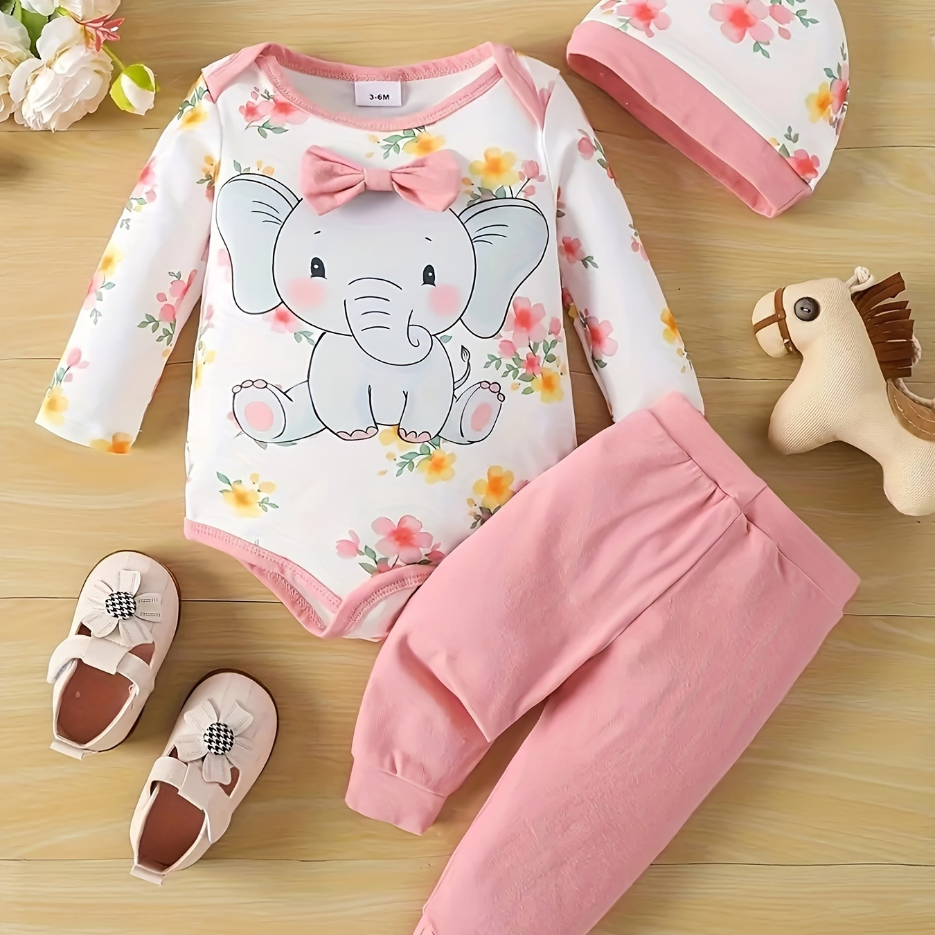 

2pcs Baby's Bowknot Decor Cartoon Elephant Print Bodysuit & Hat & Solid Color Pants, Toddler & Infant Girl's Clothing Set For Spring Fall