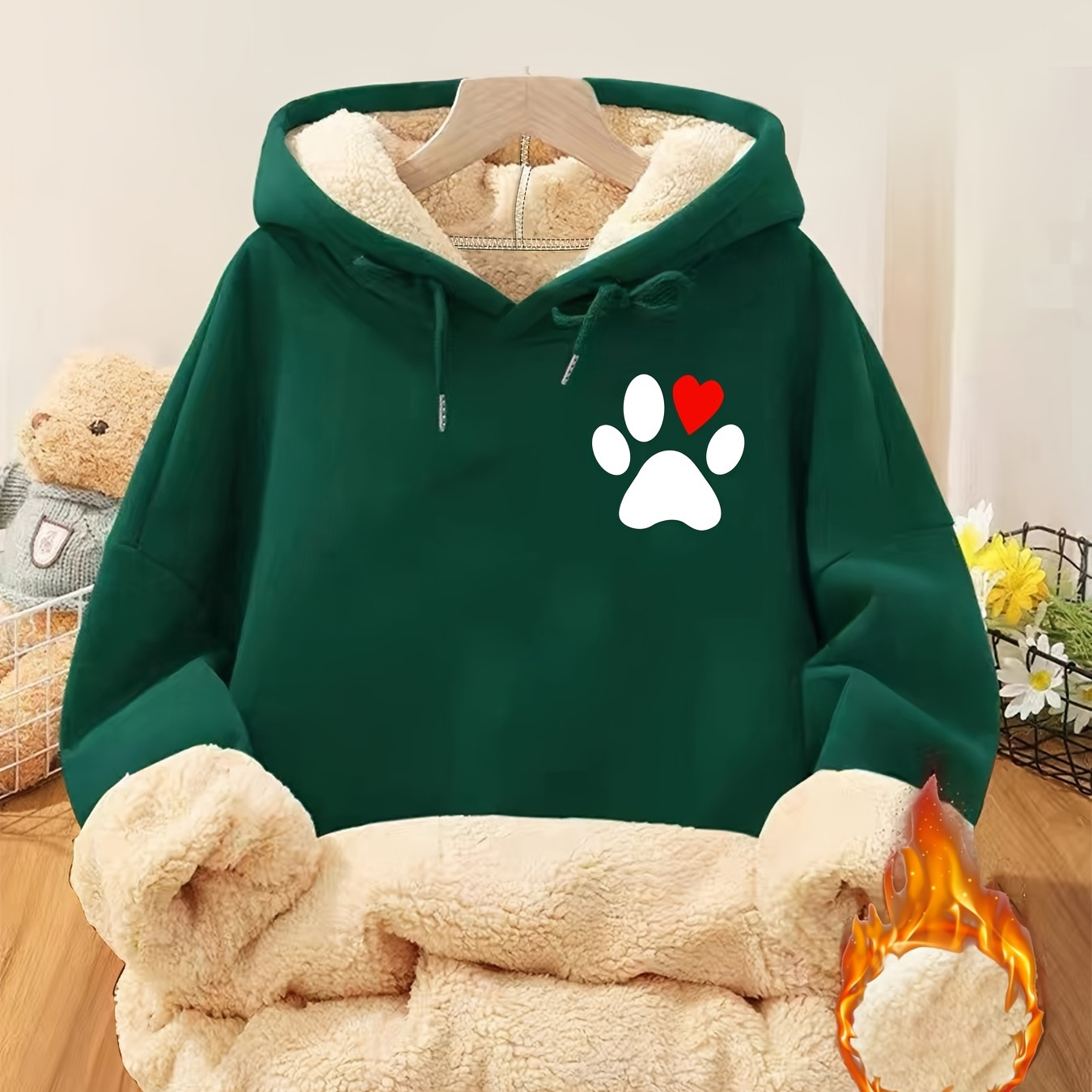 

Sweat à capuche à cordon de serrage avec imprimé de pattes de grande taille, sweat-shirt à capuche décontracté à manches longues doublé de pour et l'hiver, vêtements grande taille pour femmes