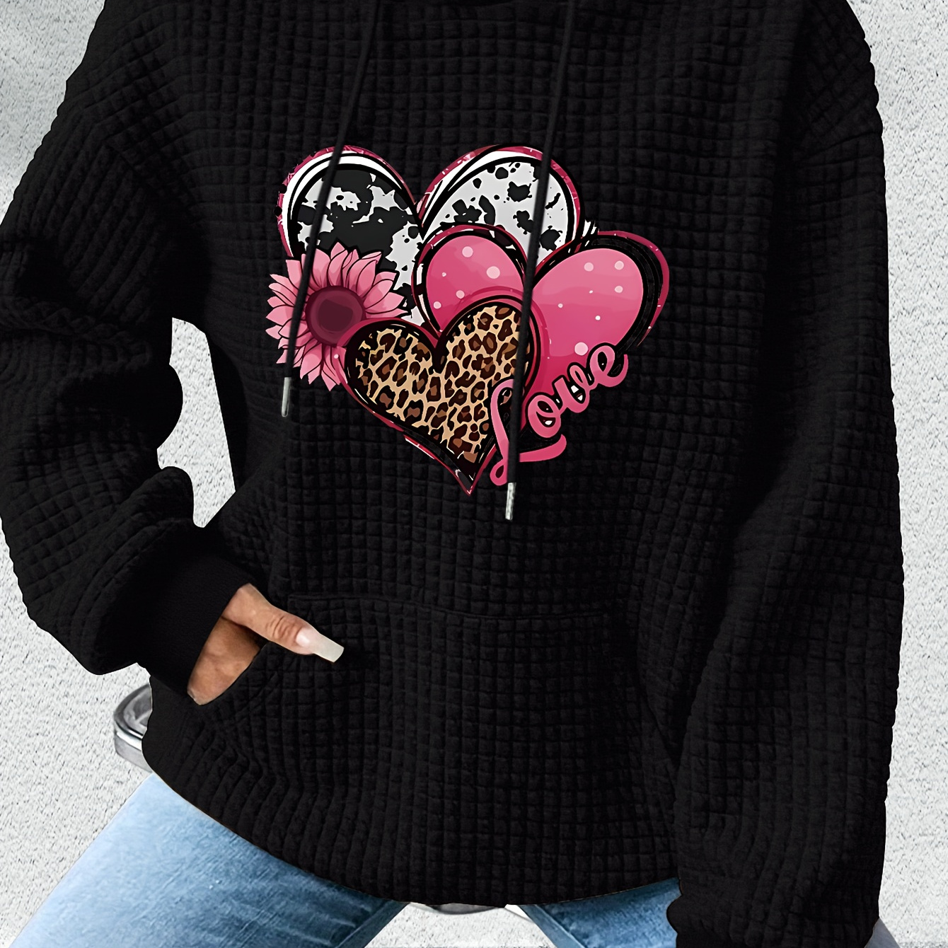 

Women's Casual Waffle Knit Hoodie With Heart Print Design - Polyester And Spandex Blend Long Sleeve Hooded Sweatshirt For Fall/winter