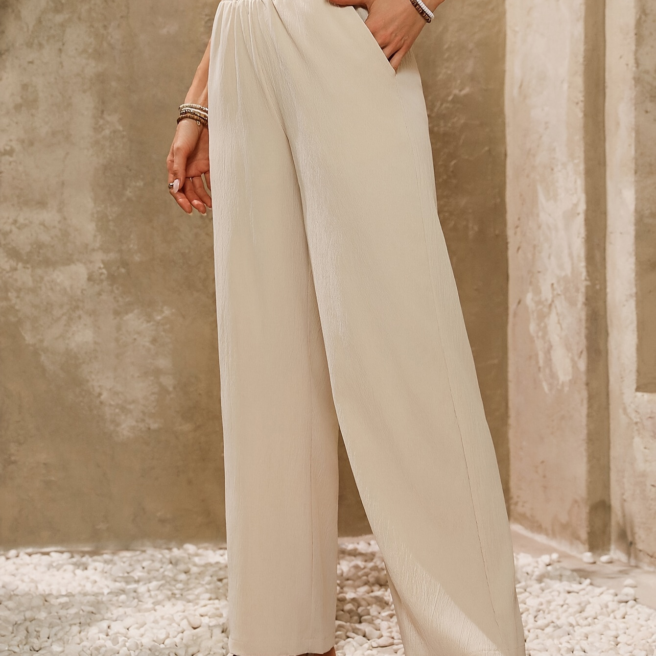 

Solid Color Wide Leg Pants, Casual Elastic Waist Pocket Pants For Spring & Summer, Women's Clothing