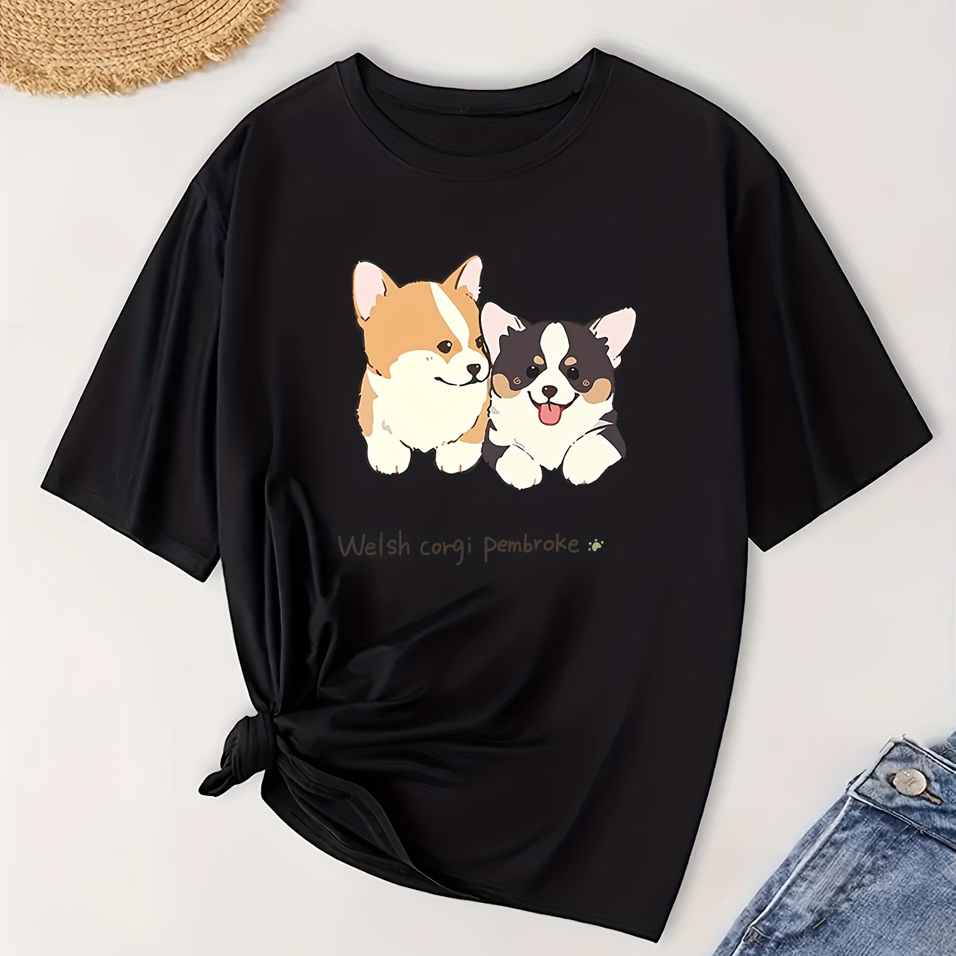 

Cute Corgi Print T-shirt, Short Sleeve Crew Neck Casual Top For Summer & Spring, Women's Clothing