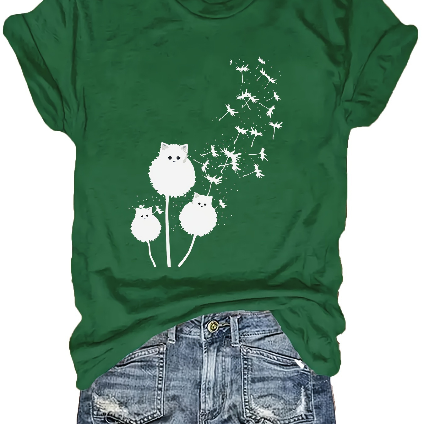 

Plus Size Cat & Dandelion Print T-shirt, Casual Crew Neck Short Sleeve Top For Spring & Summer, Women's Plus Size Clothing