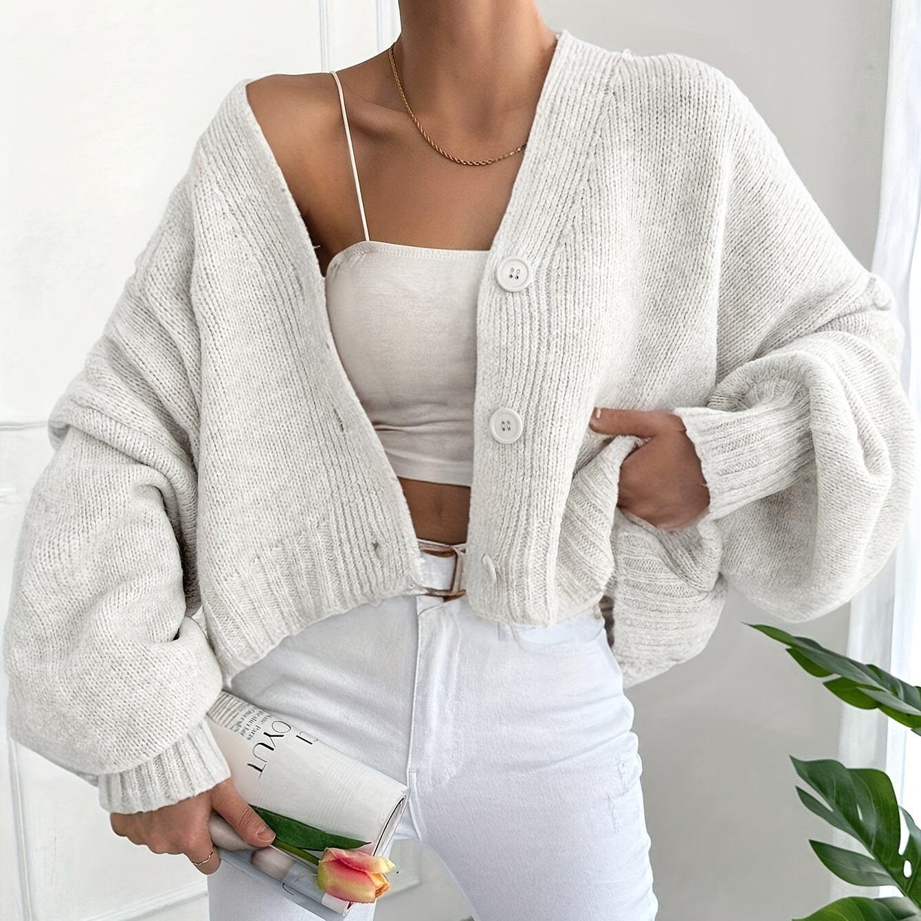 

1pc Elegant Oversized Women's Autumn/winter Knit Cardigan - Solid Color Button-up Sweater With Long Lantern Sleeves, Polyester, Casual H-, Short Length