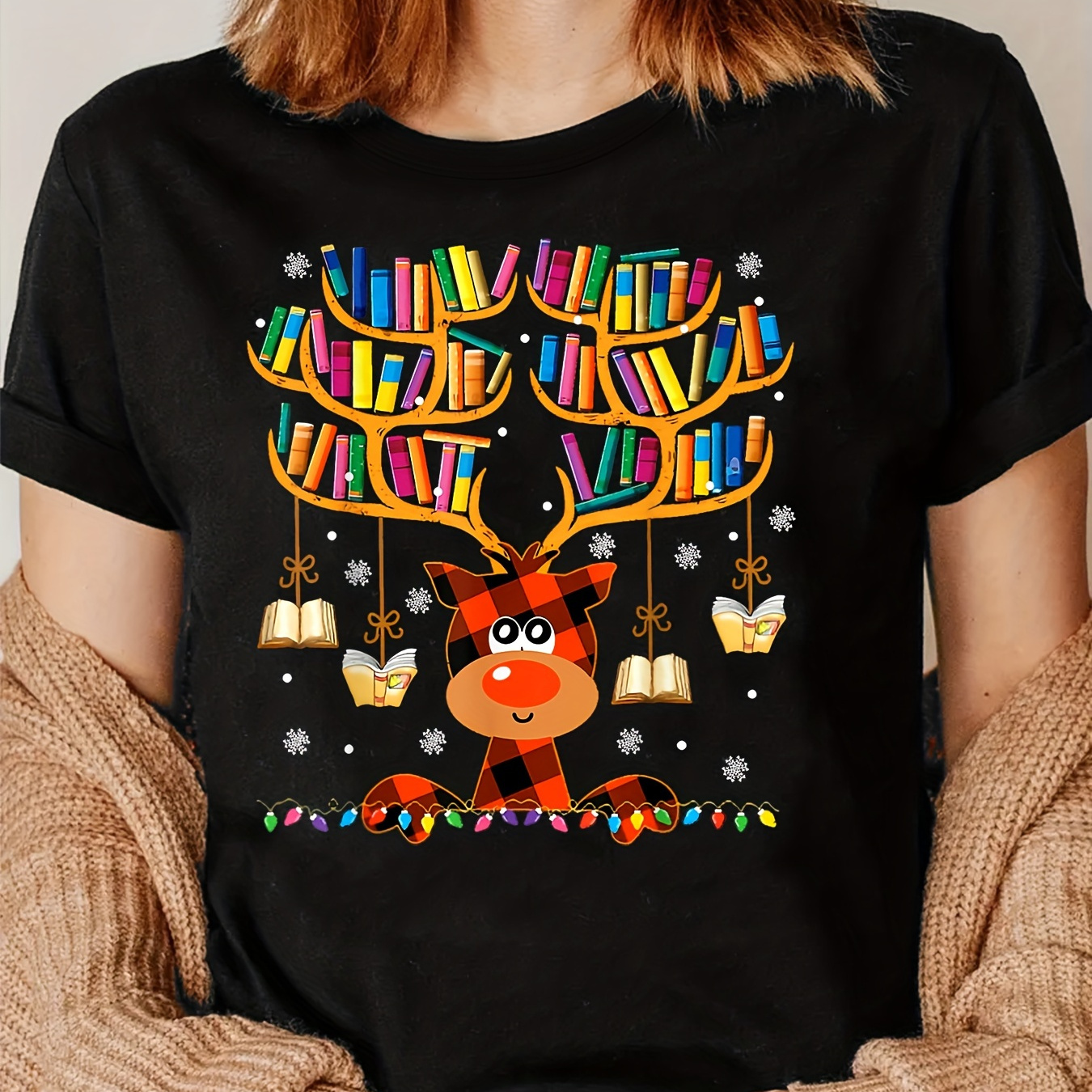 

Women's Christmas T-, Books Graphic, Round Top, Ladies' Sportswear, Knitted , , Polyester, Regular Fit, , Sleeves, Length