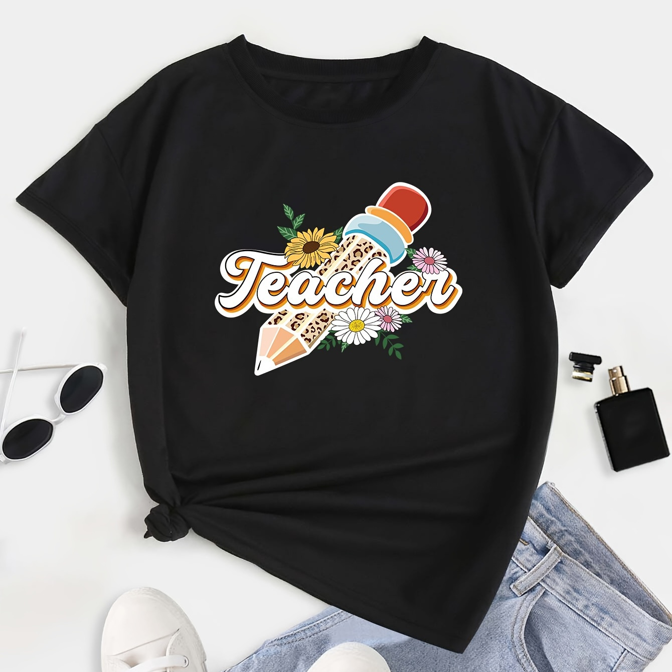 

Teacher Print T-shirt, Short Sleeve Crew Neck Casual Top For Summer & Spring, Women's Clothing